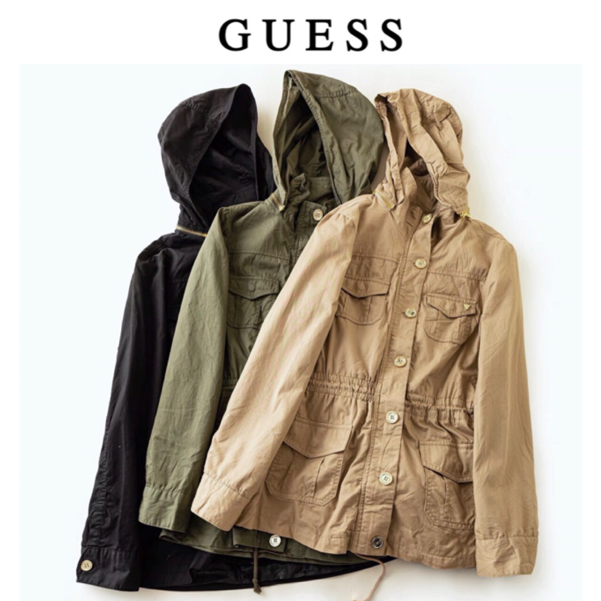 Guess เสื้อนอกเขียวทหาร เสื้อแจ็คเก็ต เสื้อฮู้ด แนวทหาร แพทเทินสวย เท่ห์ มาก แบรนด์ GUESS เขียว