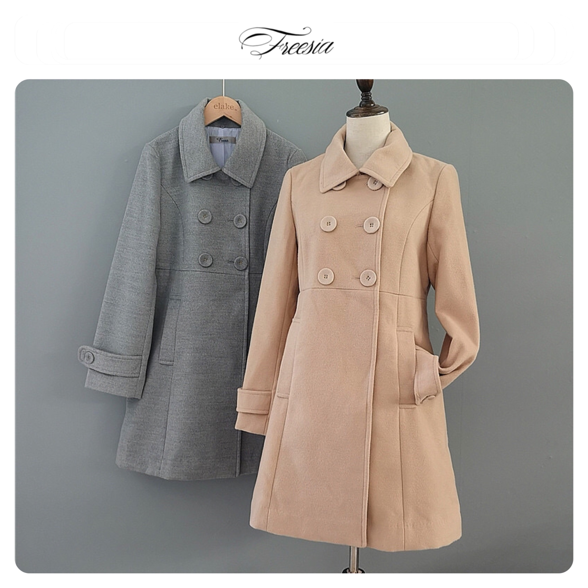 Freesia เสื้อโค้ท เสื้อกันหนาว เนื้อผ้าสักหลาดวูล สีเทา แต่งกระดุมแถบ สองแถว แบรนด์ Freesia เทา