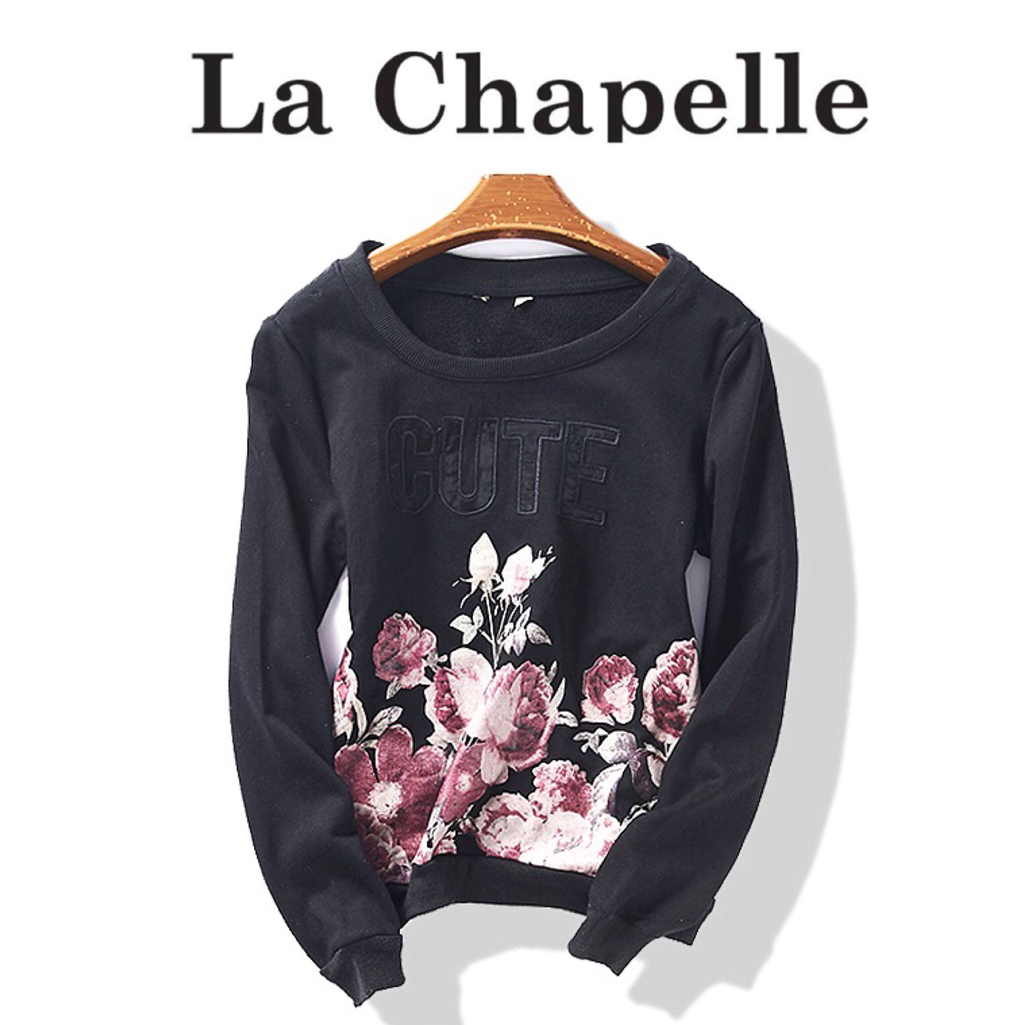 เสื้อวอร์ม สีดำ สกรีนลายดอก แบรนด์ LA CHAPELLE งานสวย เท่ห์ แนวๆคะ ดำ