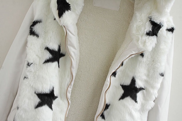 เสื้อกันหนาวแต่งขนลายดาว ติดหมวกฮูท แขนหนัง สวย อุ่น หรู มากๆคะ