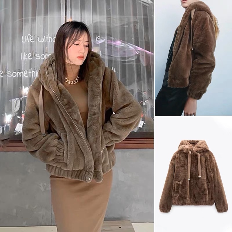 Zara เสื้อเฟอร์กันหนาว หมวกฮู้ด เสื้อขน แบรนด์zara สำเนา ดำ