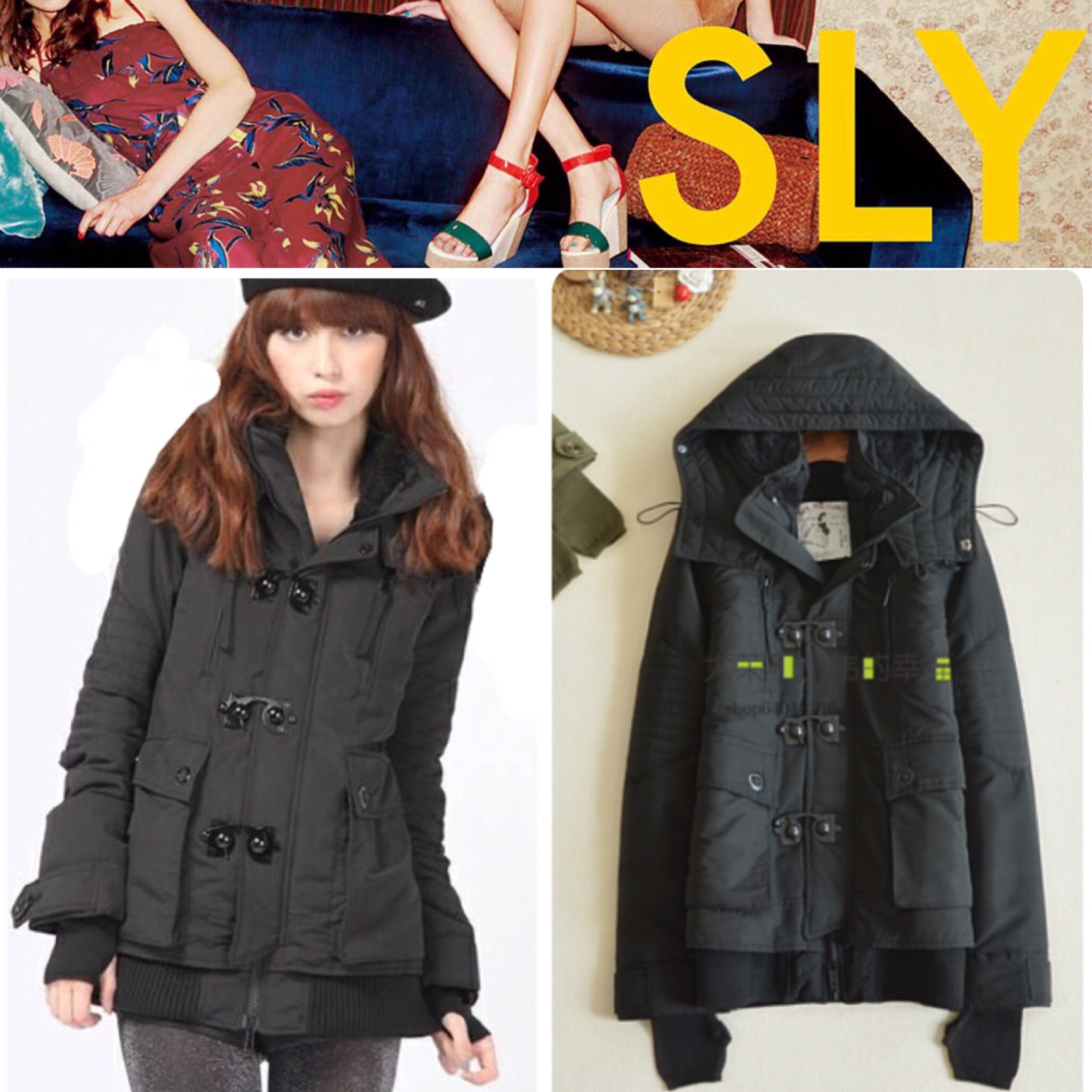 เสื้อกันหนาว โค้ท เสื้อหนาวแต่ง หมวกฮูท สีดำ ซับขนอุ่นด้านใน(ขนอุ่นด้านใน ถอดใส่ได้ทั้งตัวเลยคะ) แบรนด์เนม SLY แท้100% แบรนด์เนมพรีเมี่ยม สวย แนว มากๆคะ Size M/L ดำ