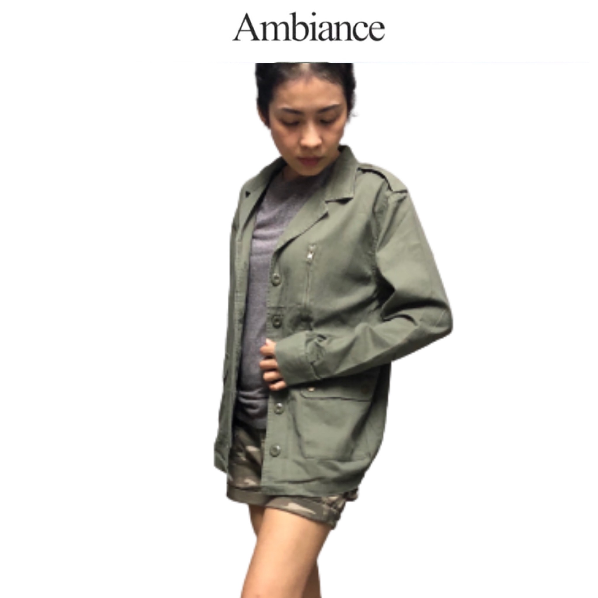 Ambiance เสื้อทหาร เสื้อแจ็คเก็ตเขียวทหาร เสื้อนอกแนวทหาร ambiance แพทเทินสวย เท่ห์มาก คะ สำเนา สำเนา เขียว