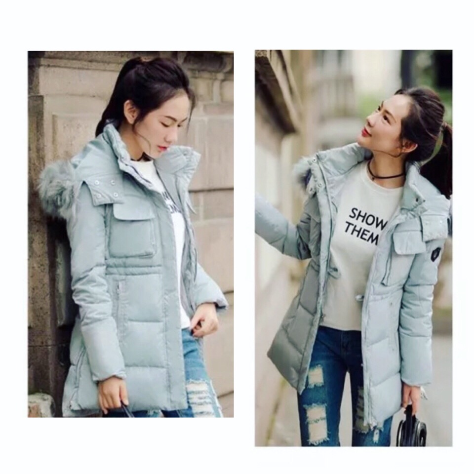 เสื้อกันหนาว เสื้อขนเป็ด🐥 แต่งเฟอร์ สีฟ้าเทา แบรนด์แคนนาดา หรู แพทเทินสวย งานเกรดพรีเมี่ยมมากๆคะ