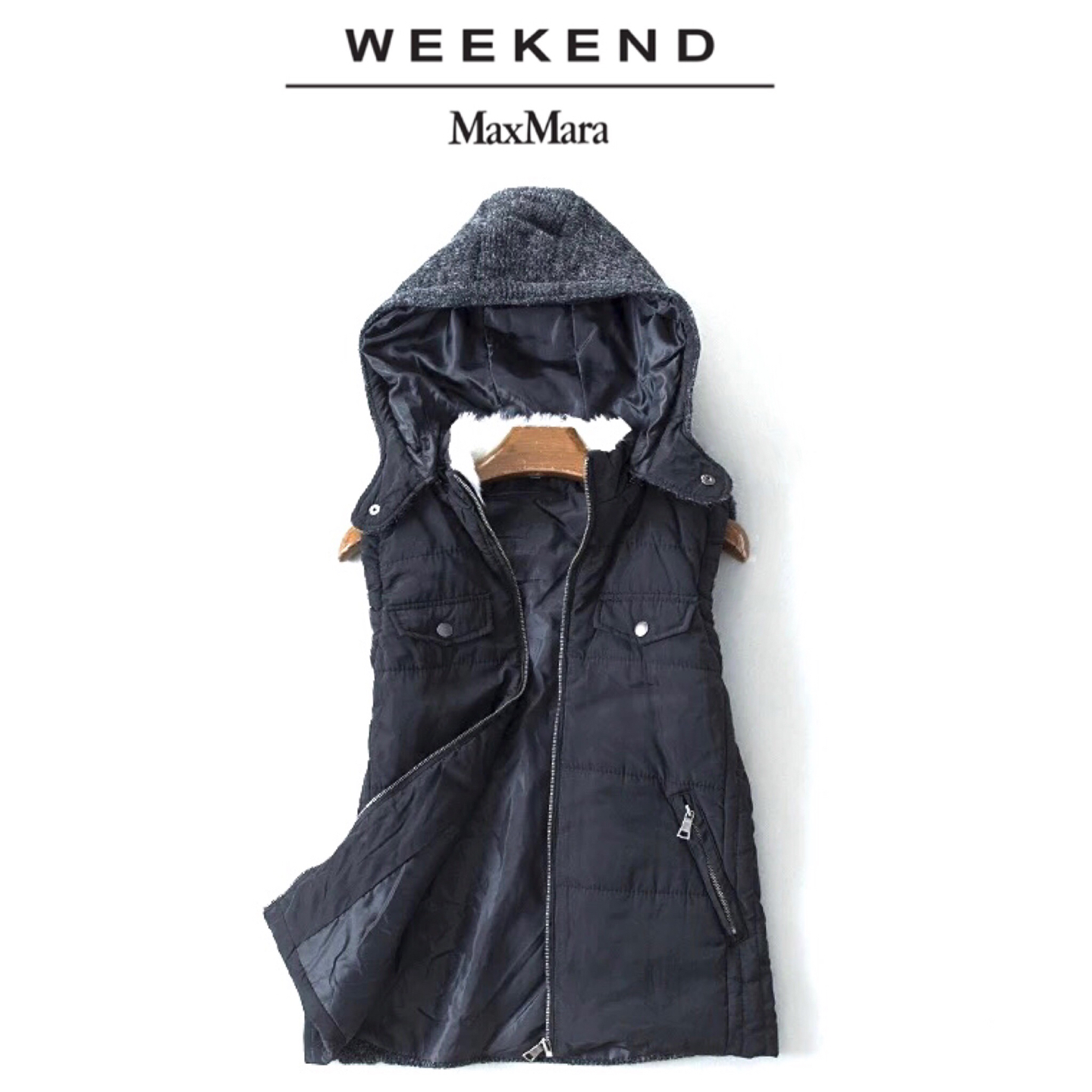 Weekend by max mara เสื้อกั๊ก กันหนาว กั๊กฮูทสีดำ แต่งขนสีขาวคอปกด้านใน แบรนด์WEEKEND (ฮูทถอดได้คะ) สำเนา ดำ