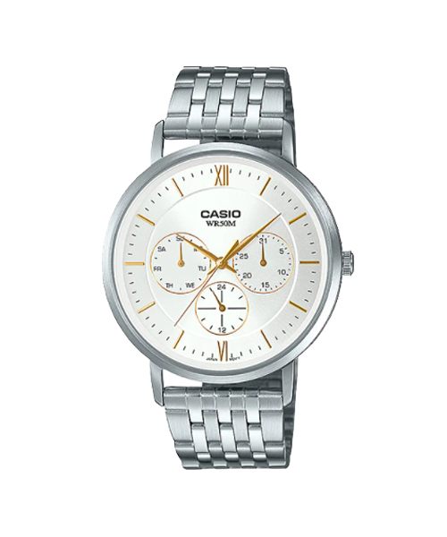 CASIO นาฬิกาคาสิโอ นาฬิกาข้อมือ นาฬิกากันน้ำ นาฬิกาของแท้ ประกันศูนย์ CMG 1 ปี รุ่น MTP-B300D-7A นาฬิกาสีเงิน