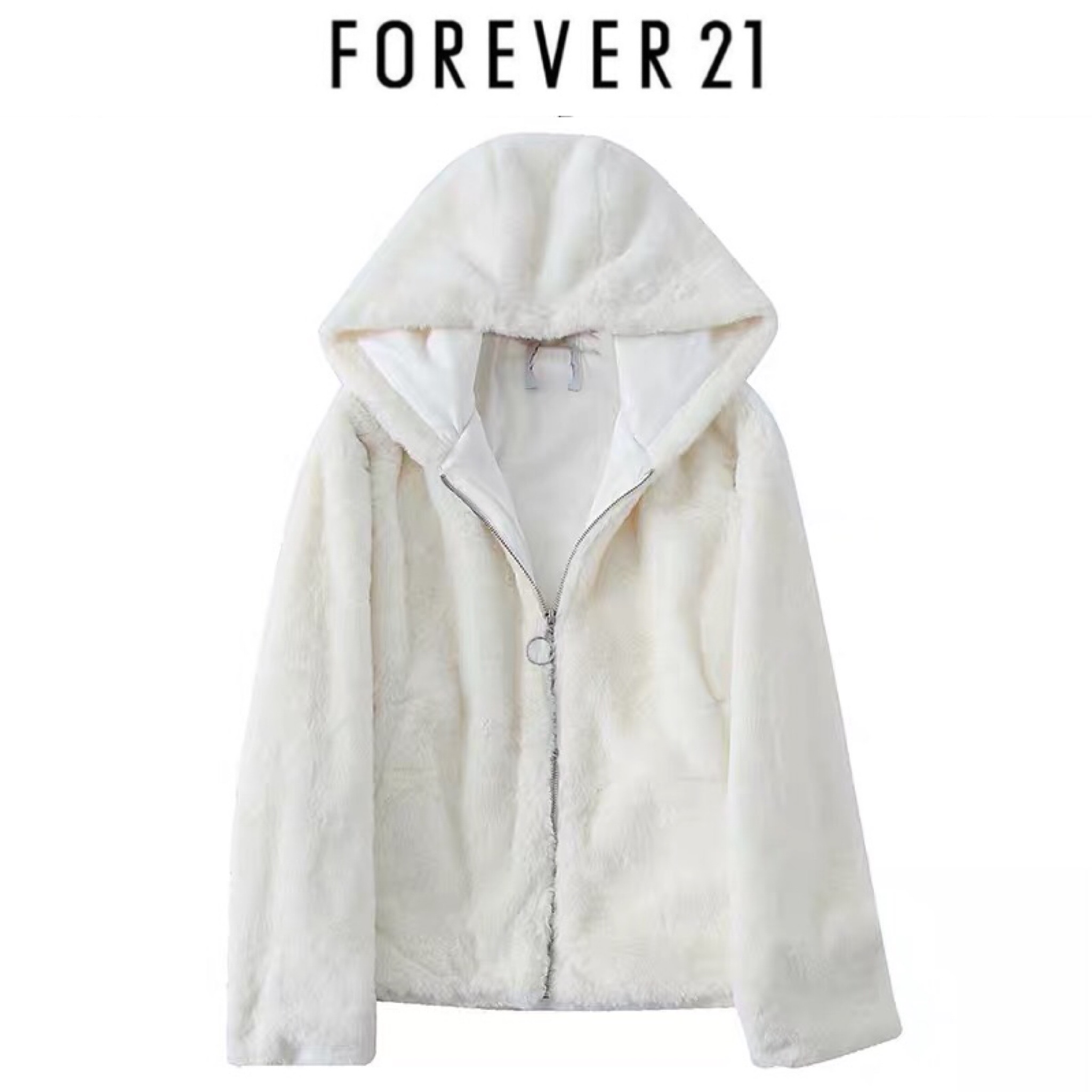 Forever21 เสื้อเฟอร์กันหนาว หมวกฮู้ด เสื้อขน แบรนด์ forever21 (FLUFFY COAT) ขาว