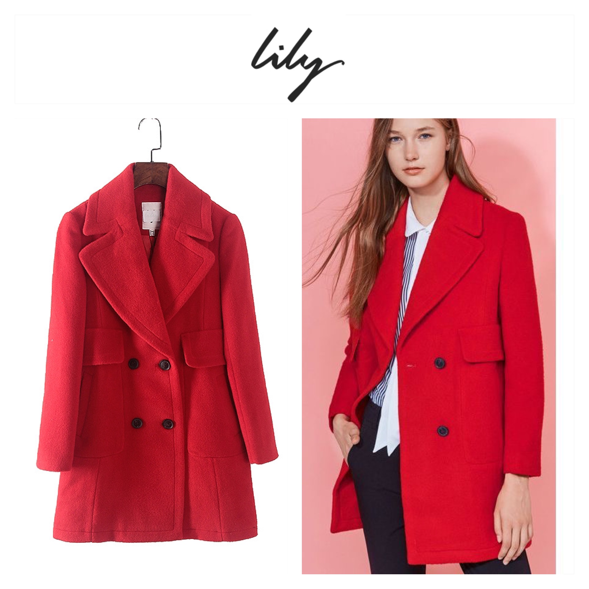 เสื้อโค้ท เสื้อกันหนาว เนื้อผ้าสักหลาดวูล สีแดง แบรนด์LILY