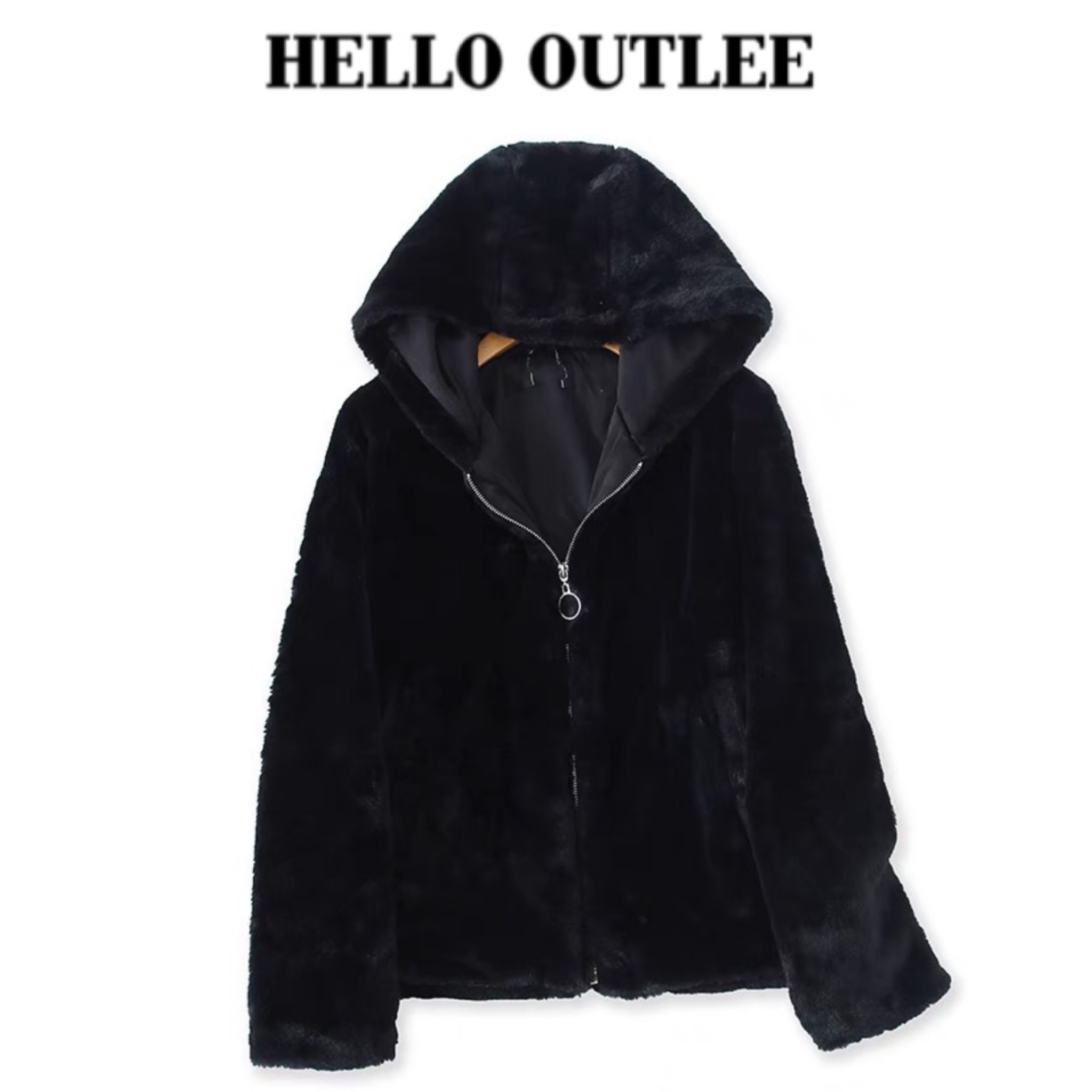 Hello Outlee เสื้อเฟอร์กันหนาว หมวกฮู้ด เสื้อขน แบรนด์ Hello outlee เนื้อนิ่ม นุ่มมาก สำเนา ดำ