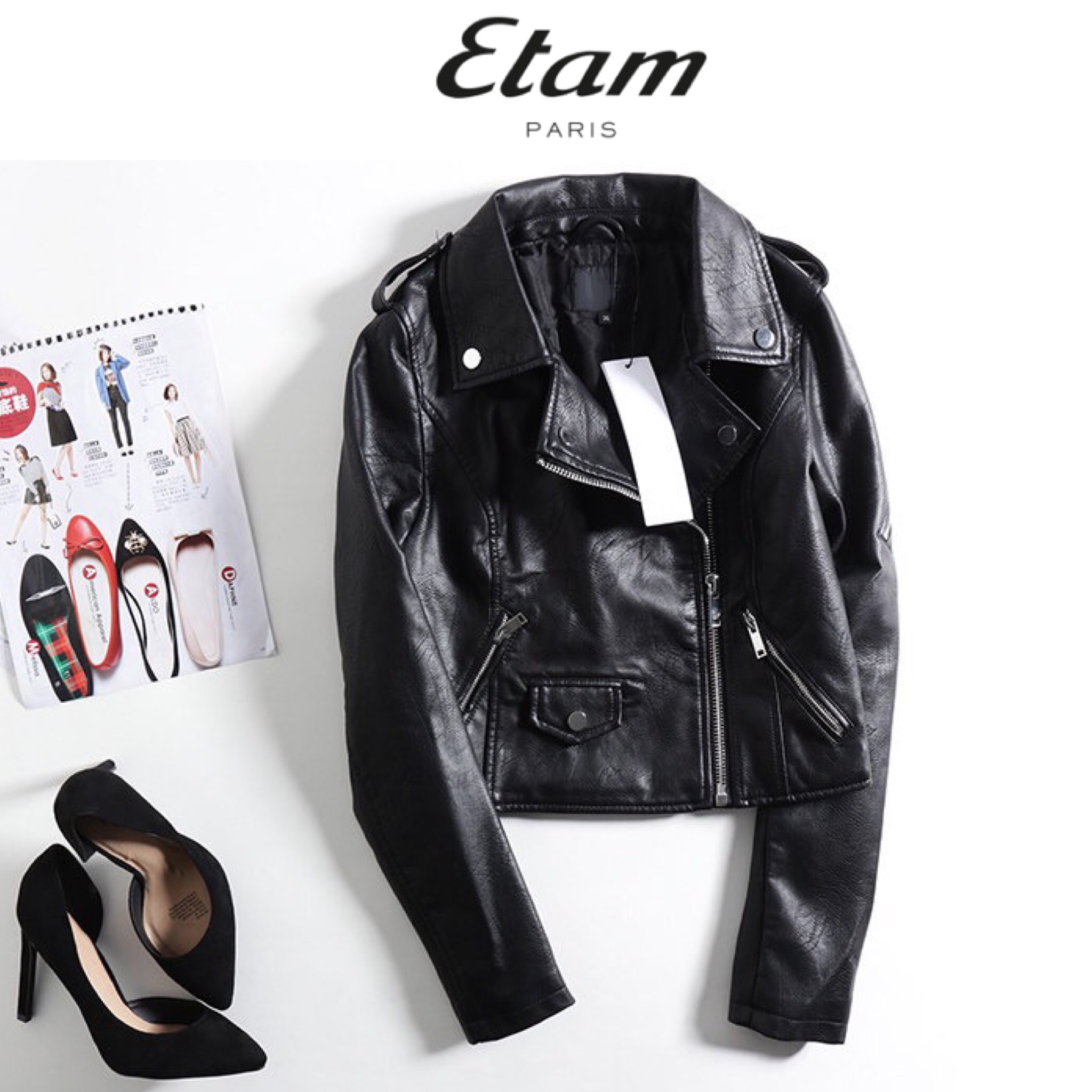 Etam เสื้อหนัง แจ็คเก็ตหนังดำ แบรนด์ ETAM งานสวย ทรงเท่ห์มากคะ size S/M/L ดำ