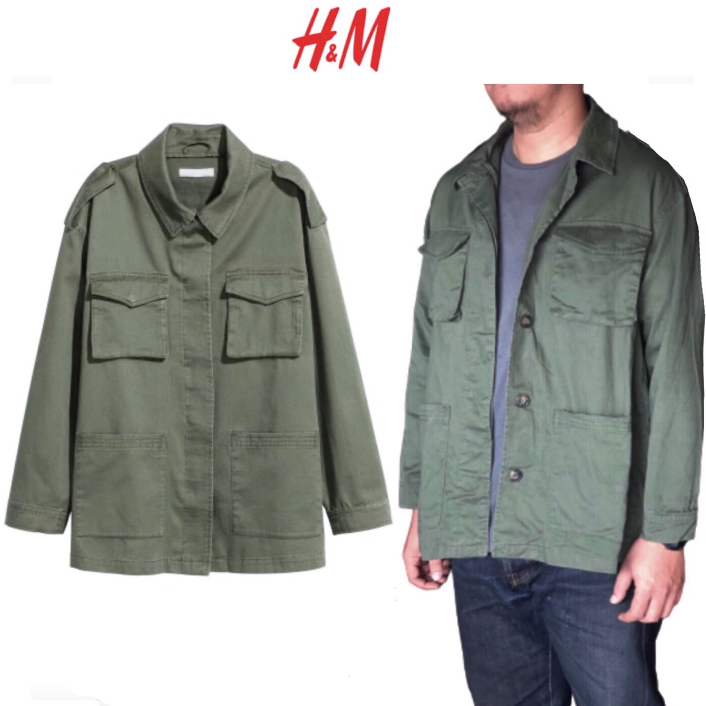 H&m เสื้อทหาร เสื้อฮู้ดเขียวทหาร เสื้อนอกแนวทหาร แพทเทินสวย เท่ห์มาก คะ แบรนด์ H&m เขียว