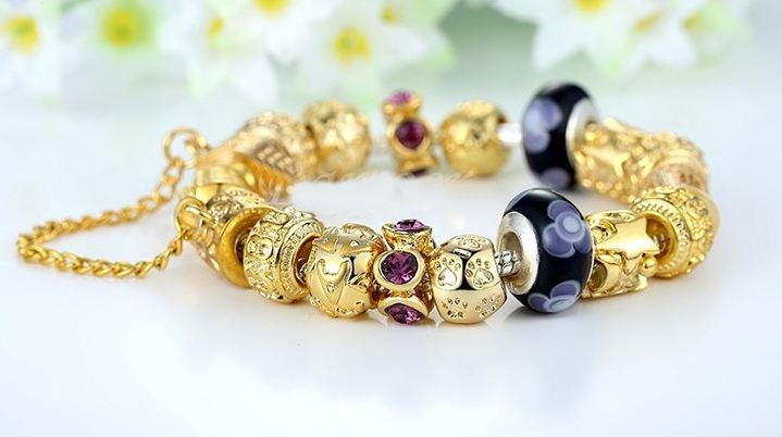 สร้อยข้อมือ Diy สไตล์ Pandora สร้อยข้อมือทอง ผู้หญิง ใส่ออกงาน สไตล์ วัยรุ่น มีระดับ ร้อย Charm ติดเพชร CZ สุดหรู สลับ Glass Beads สีดำ 773237