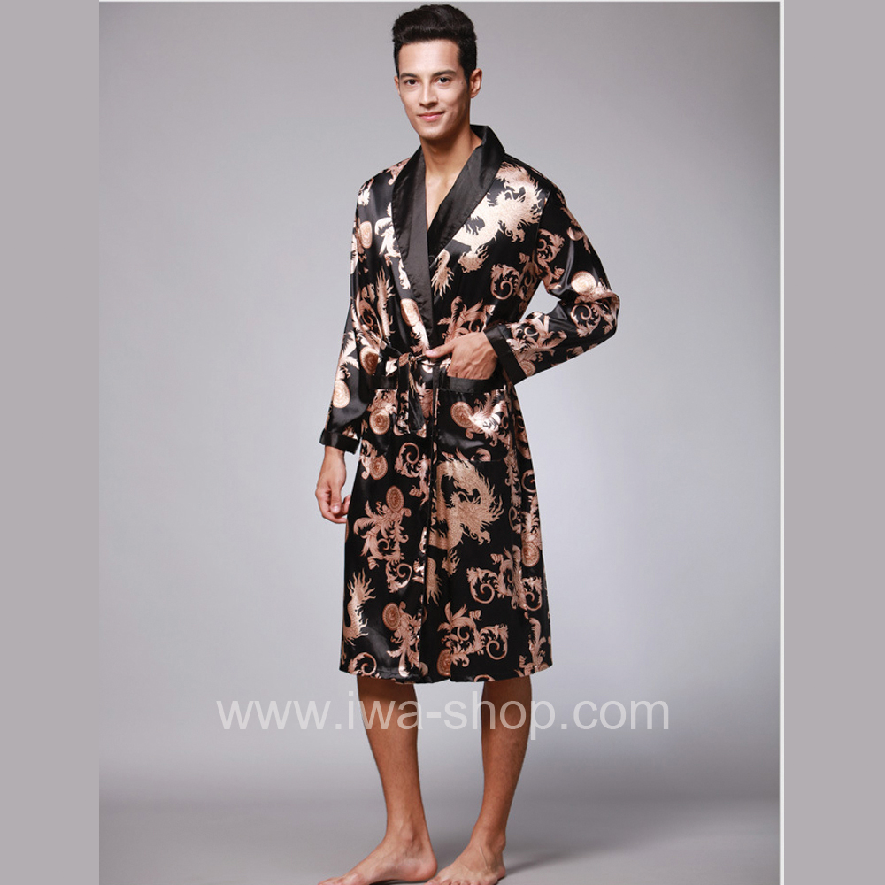เสื้อคลุมกิโมโน ชุดกิโมโน ชุดนอนผ้าซาติน ชุดนอนผู้ชาย ลายมังกร สีดำ