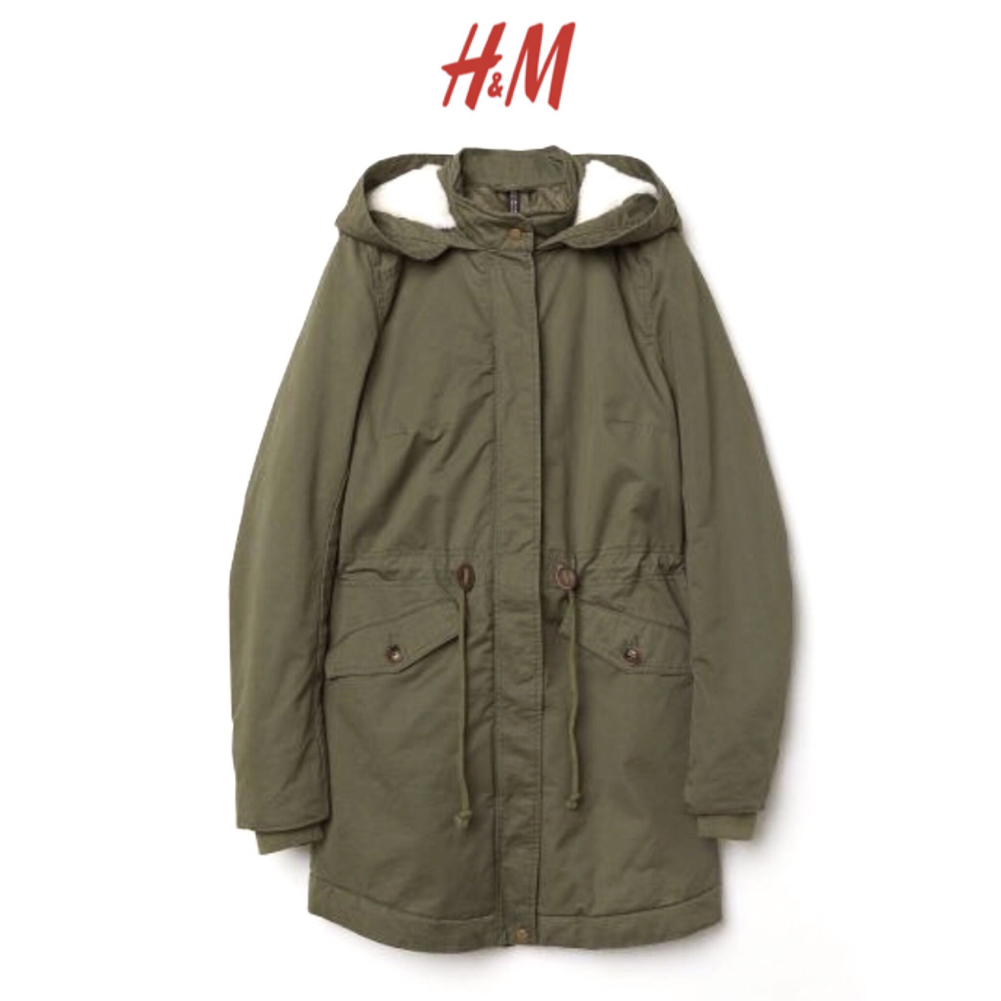 H&M เสื้อโค้ทฮู้ดกันหนาว เสื้อปาร์กา parka สีเขียว แบรนด์ H&M size S/M/L เขียว