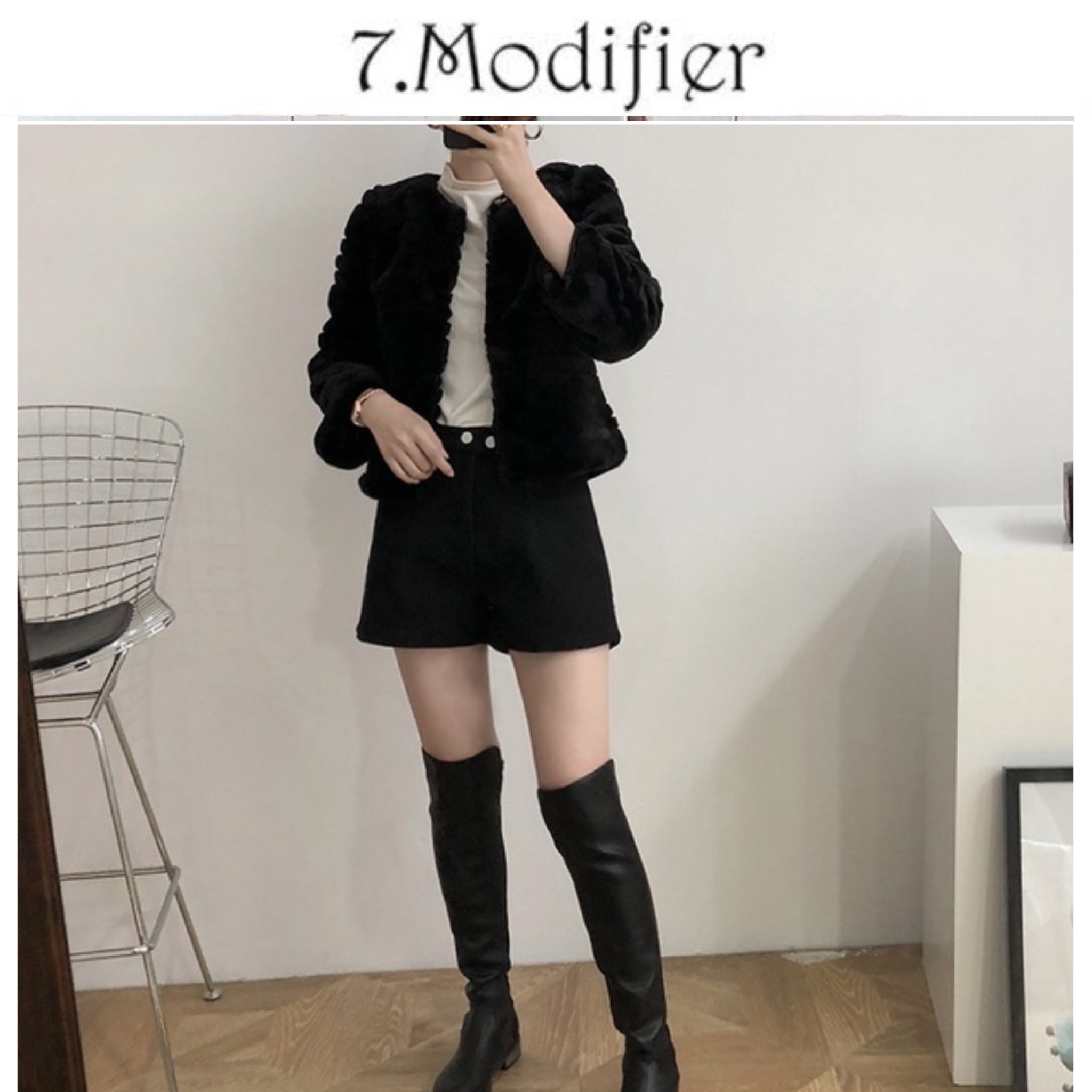 7.modifier เสื้อเฟอร์กันหนาว กันหนาวขนเฟอร์สีดำ แบรนด์ 7.Modifier เสื้อคลุมขน ดำ