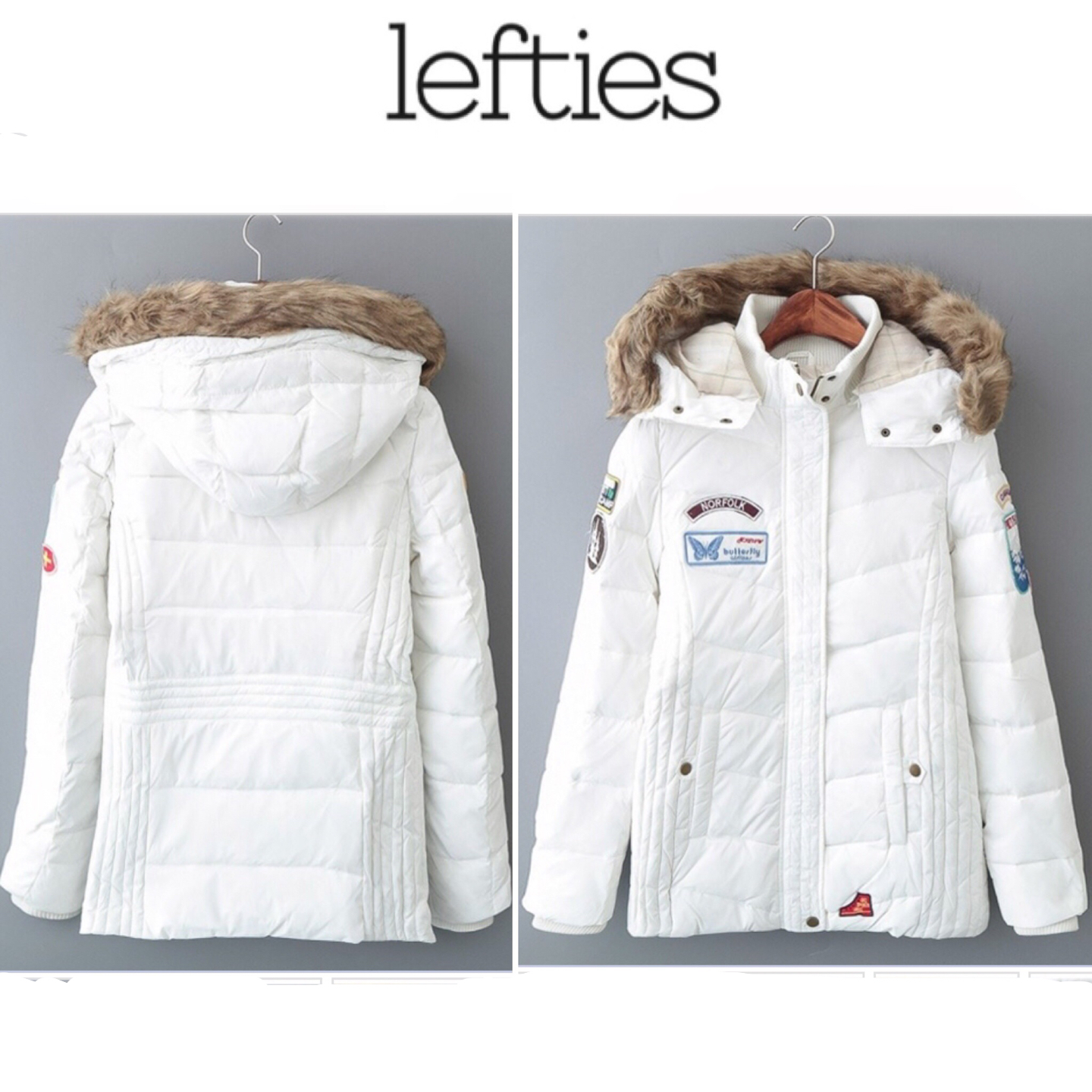 Lefties เสื้อโค้ทกันหนาว ขนเป็ด กันหนาวฮูทเฟอร์ ขนเป็ดสีขาว แบรนด์แคนาดา LEFTIES Outwear แท้ 100%ฮูท&เฟอร์ถอดได้ทุกจุดเลยคะ) งานสวย น่ารักมากคะ S/M/L ขาว
