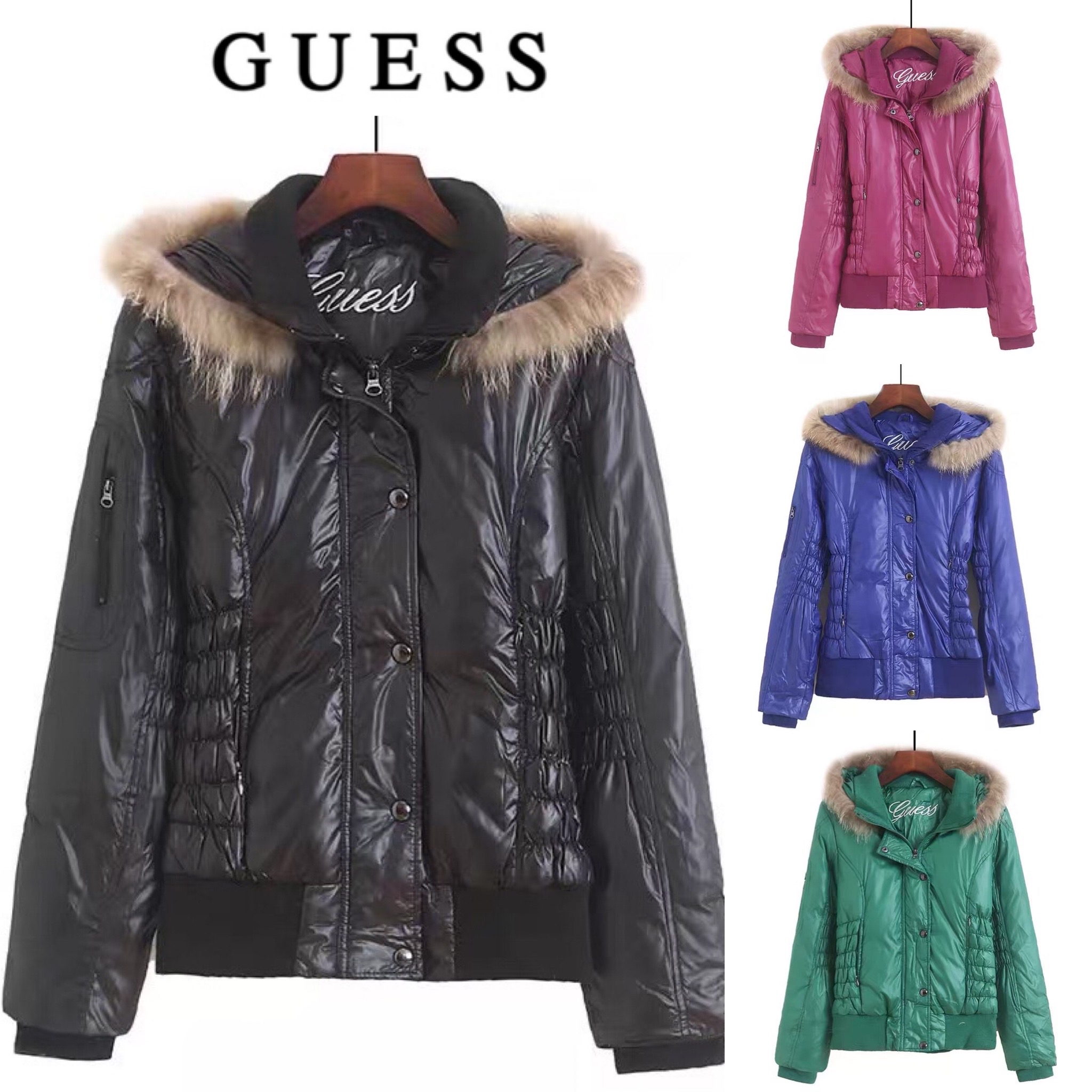 GUESS เสื้อกันหนาว ขนห่าน แต่งหมวกฮูท แบรนด์ GUESS ติดเฟอร์ปลายหมวก (ขนเฟอร์ถอดได้คะ) สำเนา ดำ