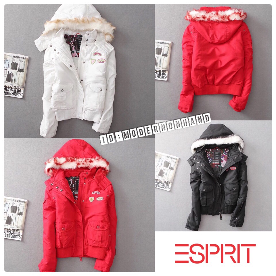 เสื้อกันหนาว แบรนด์เนม ESPRIT SPORT เสื้อหนาวบุนวม เสื้อเล่นสกี สีดำ แต่งหมวกฮูท ติดเฟอร์ปลายหมวก Size S/m/L