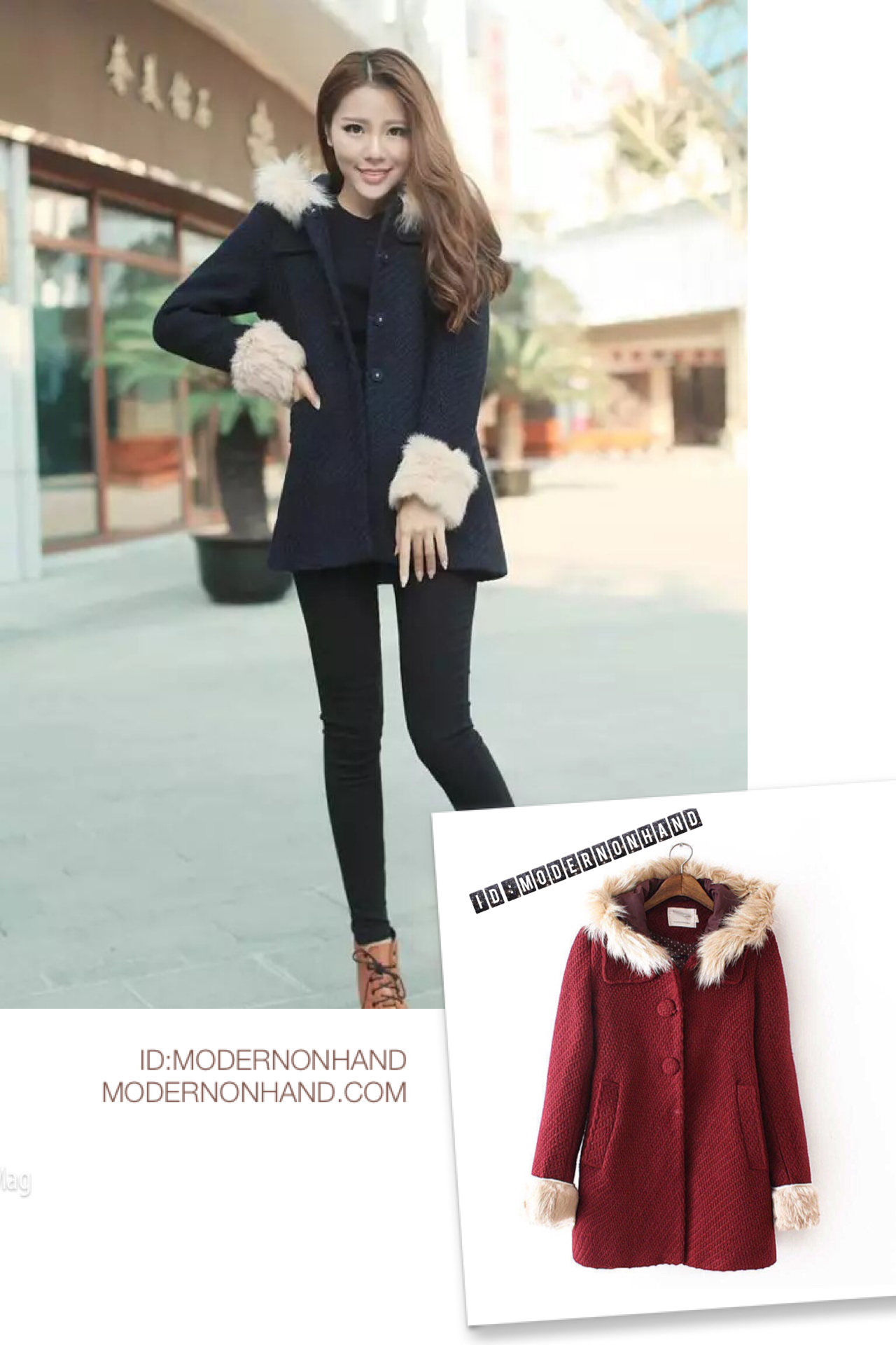 เสื้อกันหนาว เสื้อโค้ดกันหนาว สีน้ำเงินติดหมวกฮูท แต่งขนเฟอร์สีขาวครีม(ขนเฟอร์ปลายหมวก/ปลายแขนถอดใส่ได้ทุกจุดคะ) sizeM/L