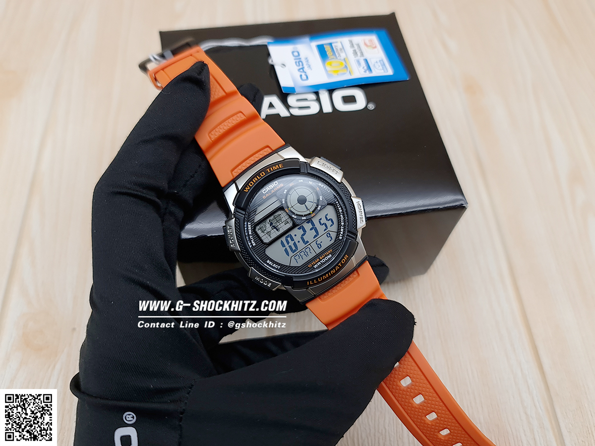 CASIO นาฬิกาคาสิโอ นาฬิกาข้อมือ นาฬิกากันน้ำ นาฬิกาของแท้ ประกันศูนย์ CMG 1 ปี รุ่น AE-1000W-4B นาฬิกาสีส้ม