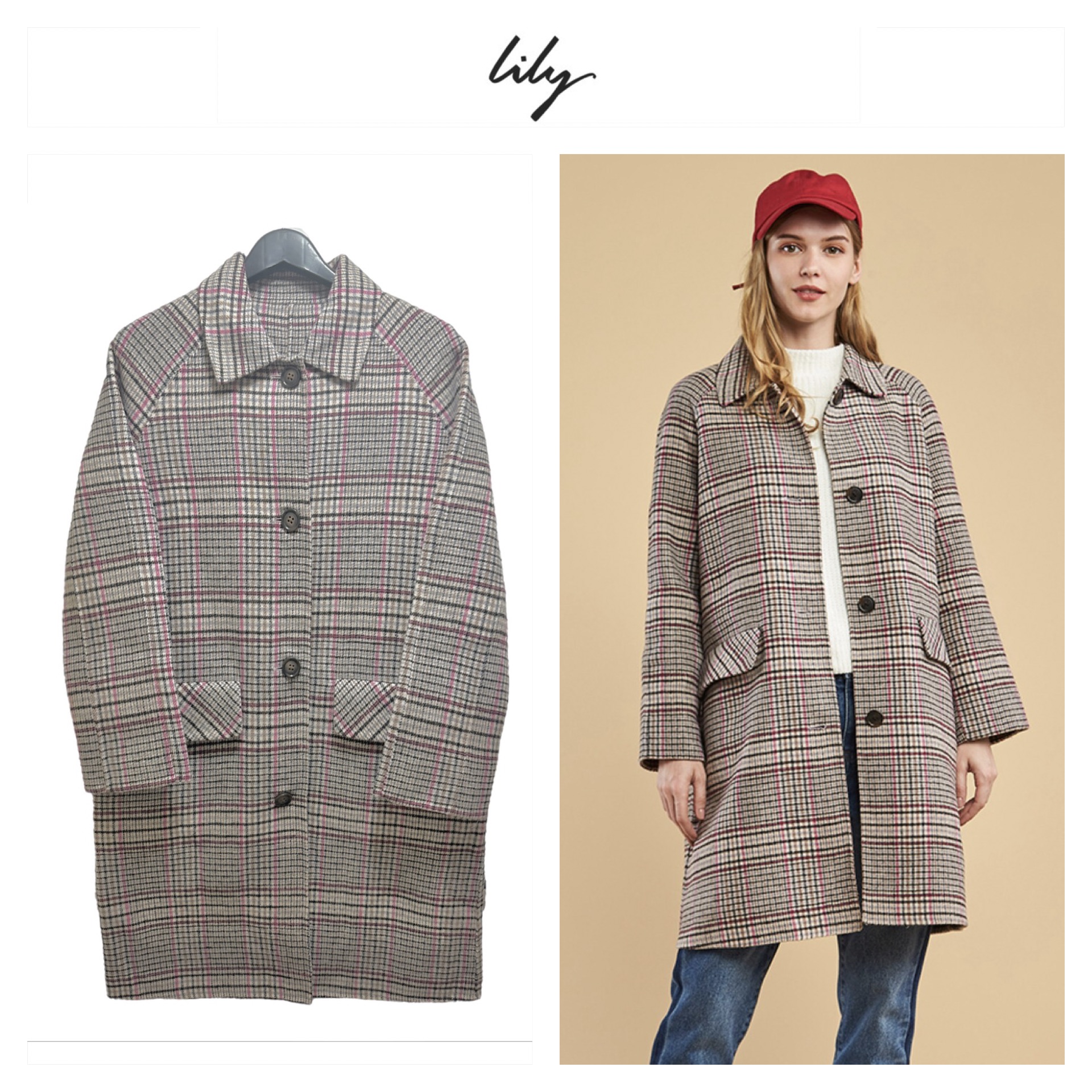 Lily เสื้อโค้ท เสื้อกันหนาว เนื้อผ้าสักหลาดวูล ลายตารางชมพูเทา แบรนด์lily