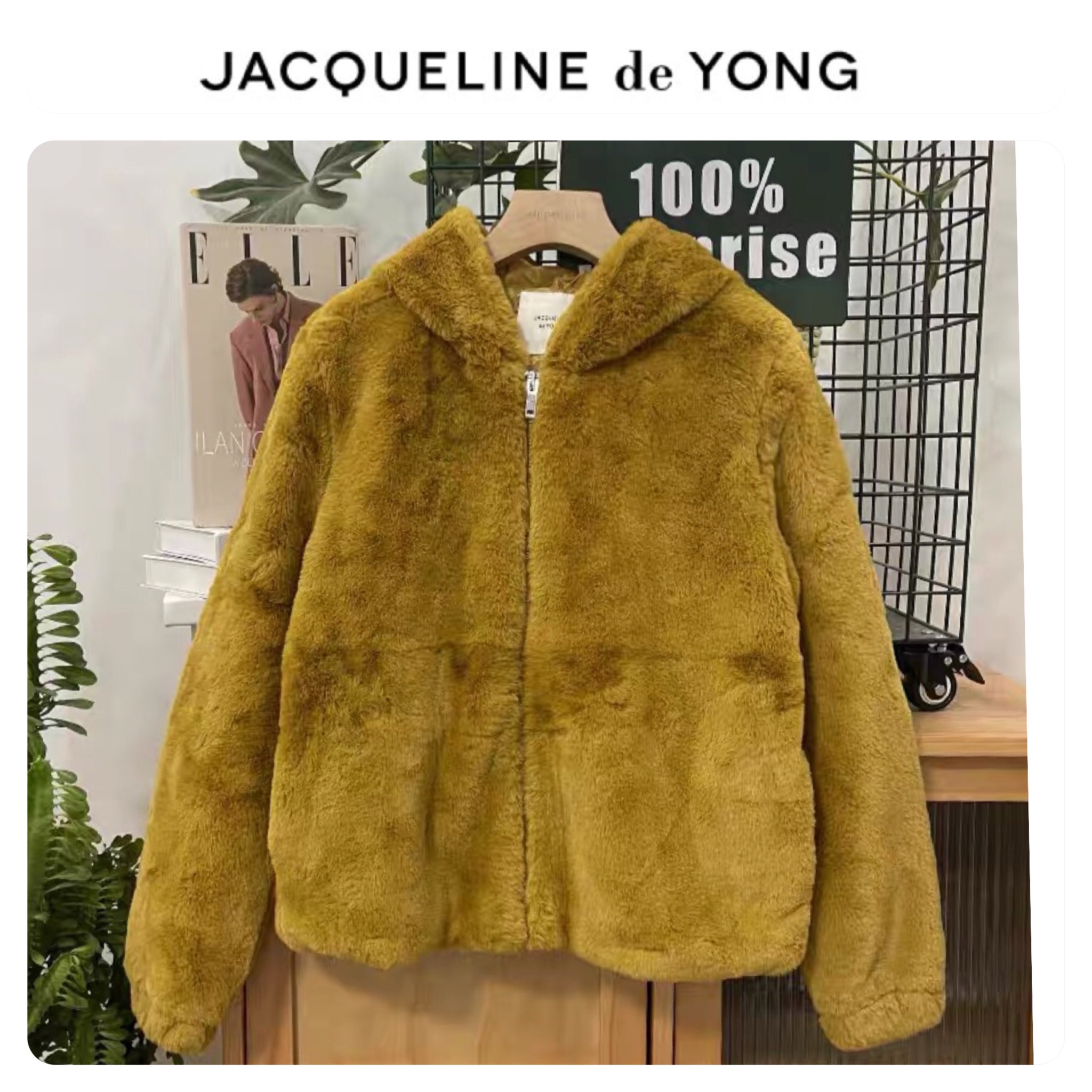 Jacqueline เสื้อเฟอร์กันหนาว หมวกฮู้ด เสื้อขน Fluffy coat แบรนด์ jacqueline เหลืองขมิ้น