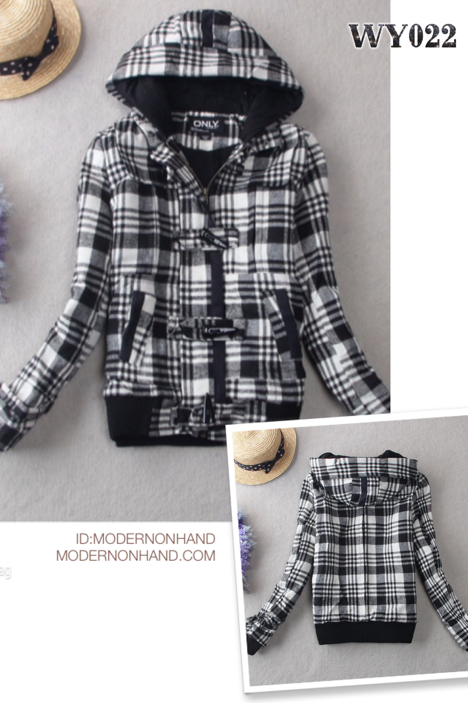 Only เสื้อกันหนาว ลายตารางขาวดำ แต่งฮูทแบรนด์เนม ONLYแท้100% แขนมีซับกันลม แบบสวย งานหรู มากคะ สินค้าญี่ปุ่น ขาวดำ