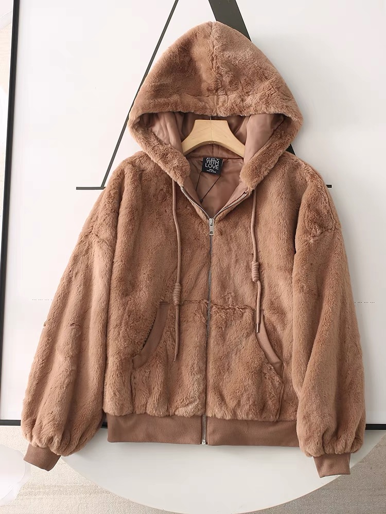 เสื้อเฟอร์กันหนาว หมวกฮู้ด เสื้อขน Fluffy coat แบรนด์ JOLIES & JOY ดำ