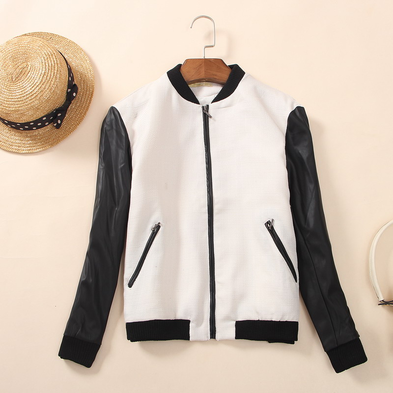 เสื้อแจ็คเก็ต ทรงเสื้อเบสบอล แต่งแขนPU ดำ คอกลม ผ่าหน้า Size M