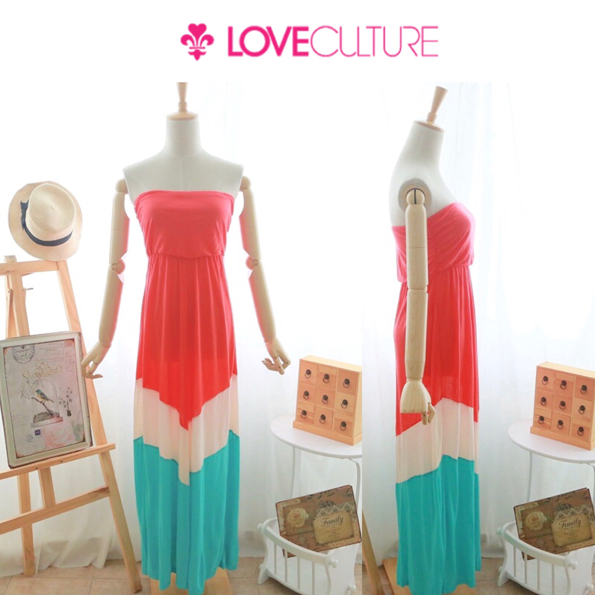 Love culture ชุด เดรสยาว เกาะอก ผ้ายืดเกรดพรีเมี่ยม แต่งสีทูโทน ส้มโอรส เนื้อผ้าสวยหรูทิ้งตัว งานแบรนด์ Love Culture คุณภาพ งานนอกเลยคะ