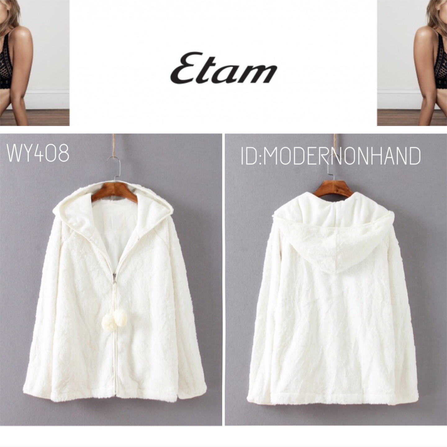 Etam เสื้อกันหนาว เสื้อคลุมกันหนาว แบรนด์เนมETAM แต่งขน สีขาว แต่งฮูท เนื้อขนนุ่ม เนียนมากๆคะ ขาว