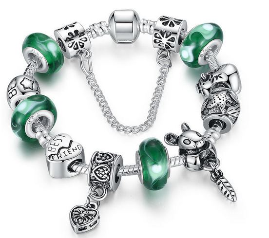 สร้อยข้อมือ Diy สไตล์ Pandora สร้อยข้อมือ ผู้หญิง Glass Bead สีเขียว สลับ ชาร์ม กระต่าย หัวใจ สลัก Best Friend ของขวัญให้เพื่อน สนิท 828291