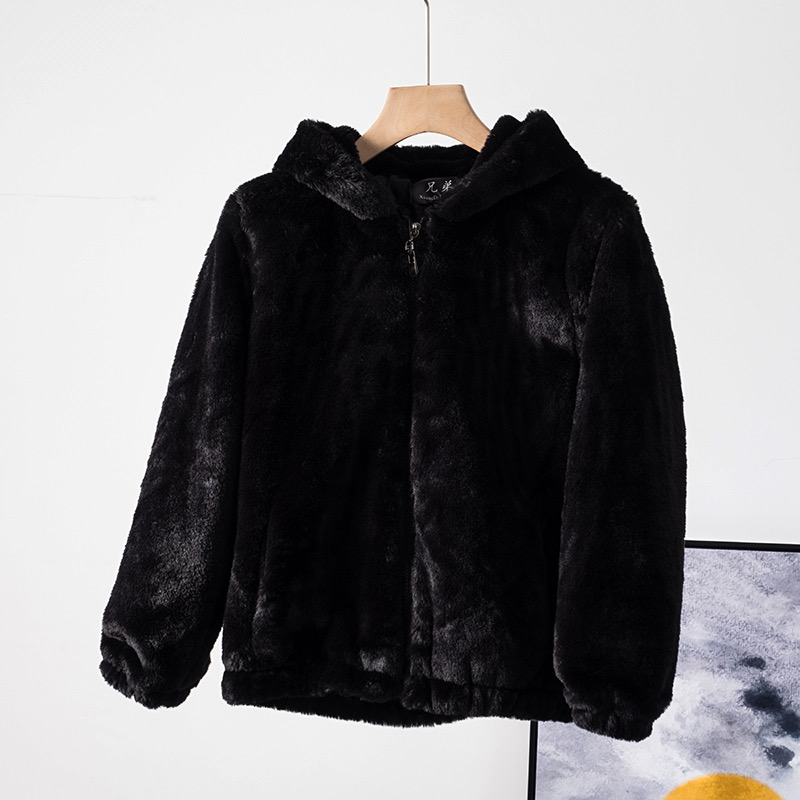 Forever21 เสื้อเฟอร์กันหนาว หมวกฮู้ด เสื้อขน สีดำ (FLUFFY COAT) 兄弟 ขาว