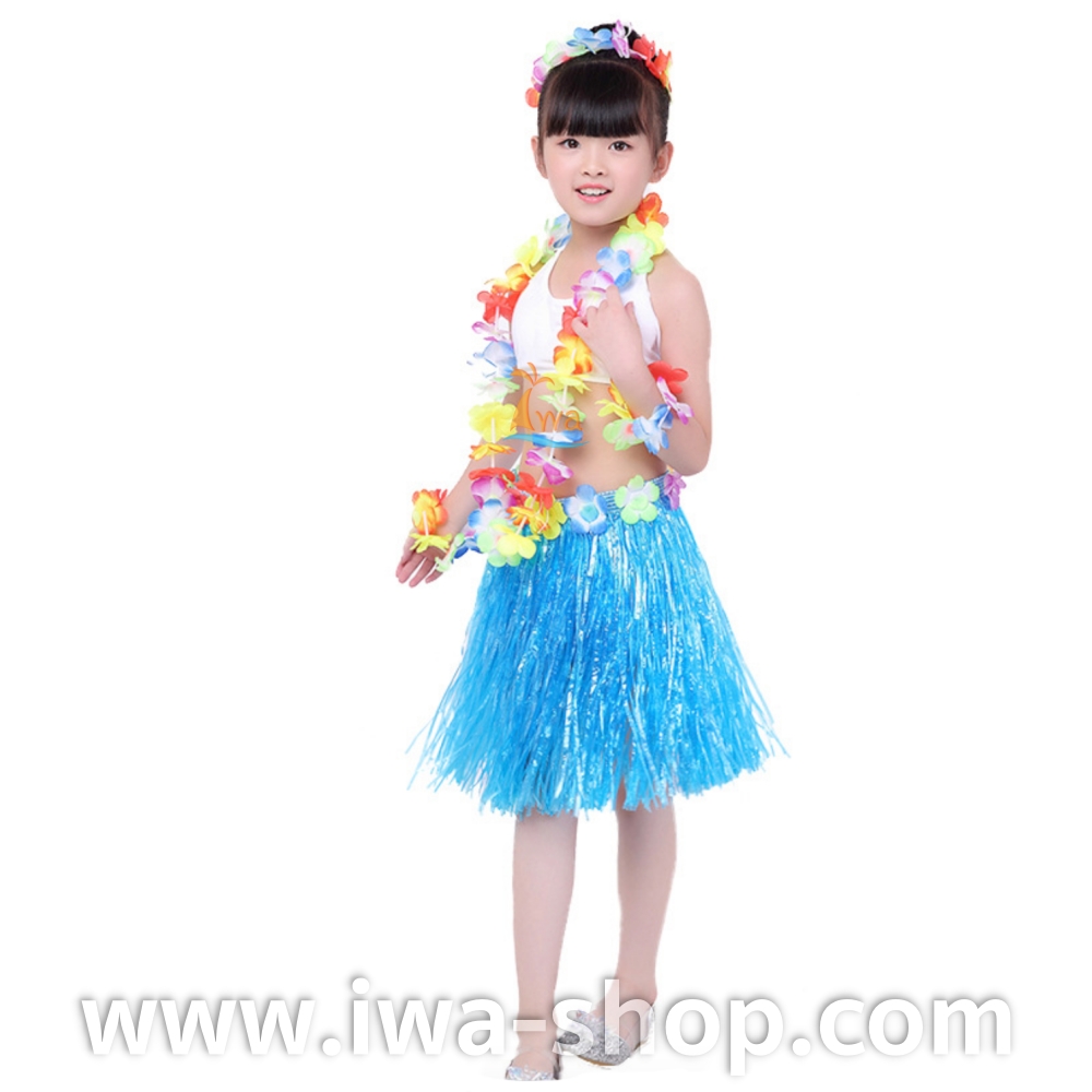 ฟ้า 40 cm ชุดกระโปรงฟางเด็ก หนาพิเศษ พร้อมเซตพวงมาลัยรุ้งเล็ก กระโปรงฟางอย่างดี ชุดเต้นเด็กฮาวาย กระโปรงเชือกฟางฟูๆ ชุดฮาวายเชือกปอฟาง