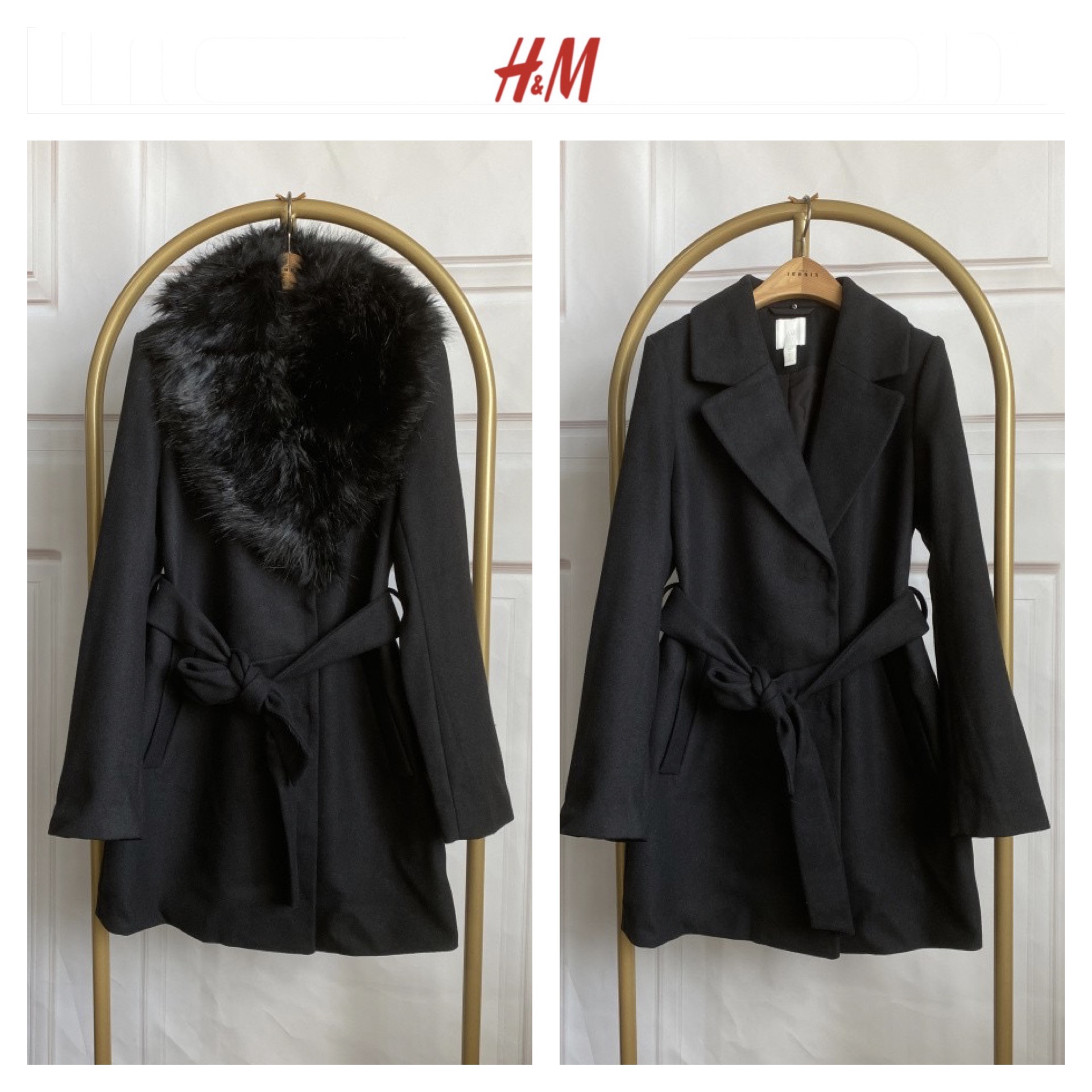 h&m เสื้อโค้ท เสื้อกันหนาว เนื้อผ้าสักหลาดวูล สีดำ แต่งปกเฟอร์(เฟอร์ถอดได้ค่ะ) แบรนด์ H&M