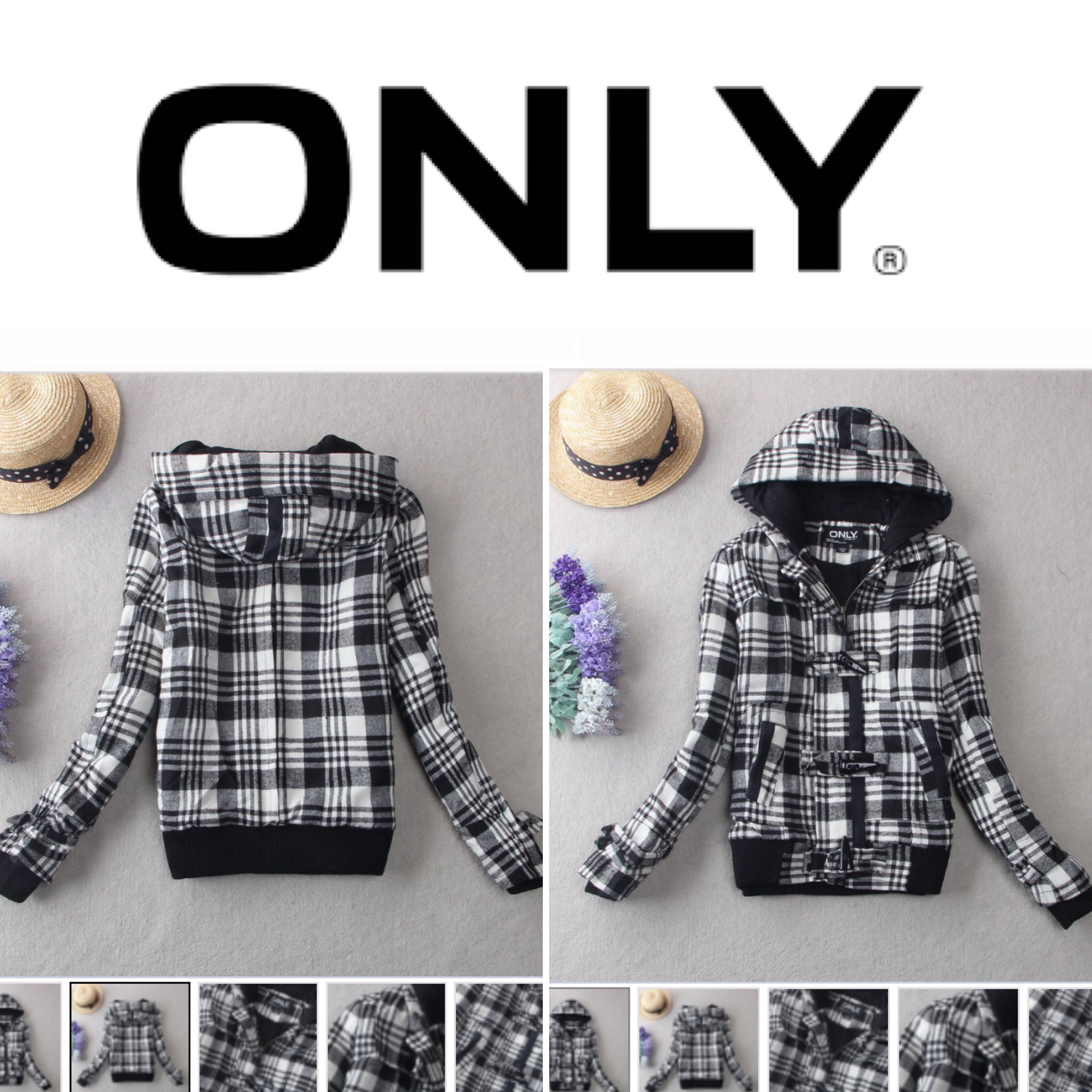Only เสื้อกันหนาว ลายตารางขาวดำ แต่งฮูทแบรนด์เนม ONLYแท้100% แขนมีซับกันลม แบบสวย งานหรู มากคะ สินค้าญี่ปุ่น ขาวดำ