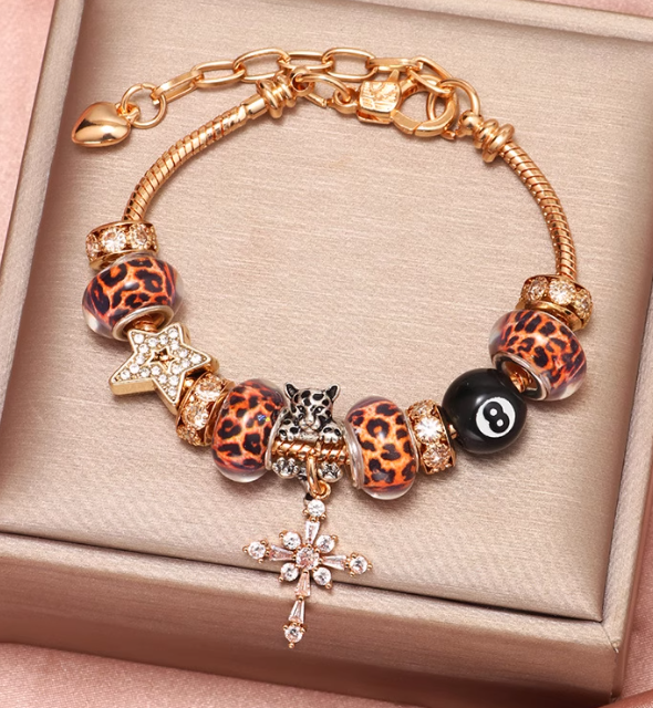 สร้อยข้อมือ สไตล์ pandora ร้อยเม็ดบีด ลูกปัด ลายเสือ ลายหายาก ตกแต่งด้วย ไม้กางเกง ฝังเพชร 314670
