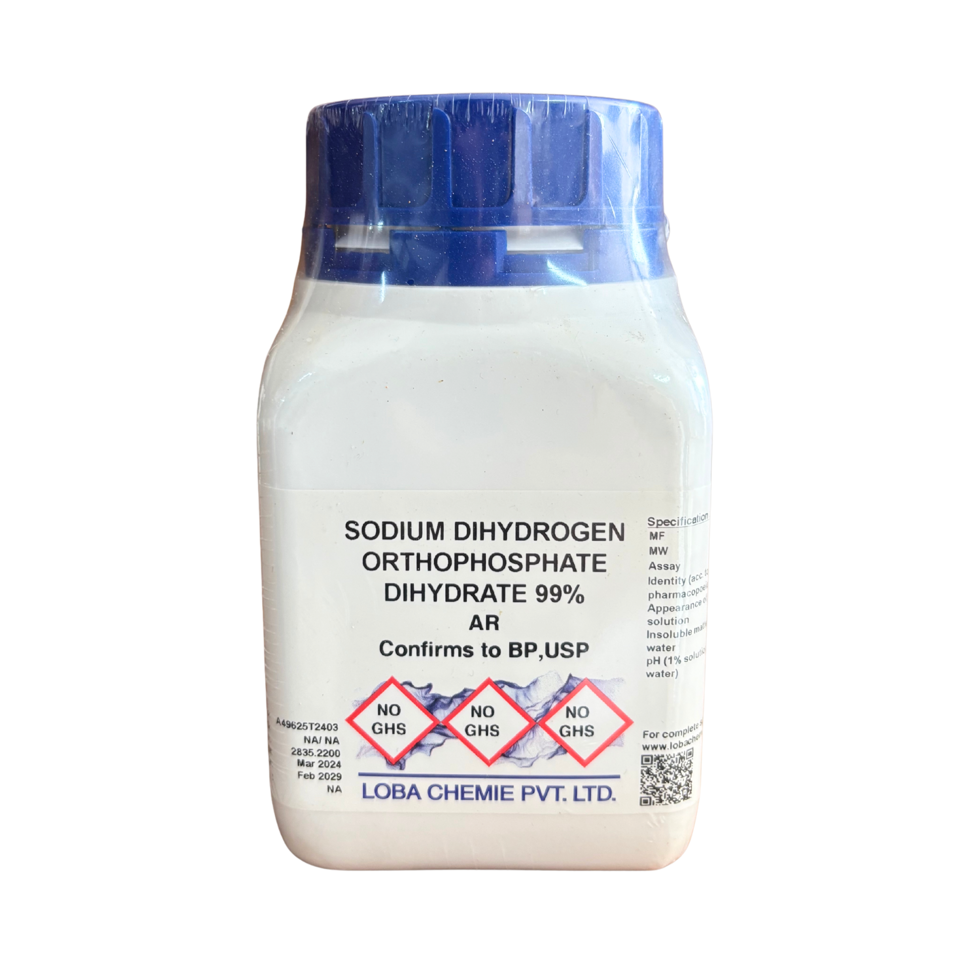 Sodium Dihydrogen Orthophosphate Dihydrate 99%, AR 500 g. Loba Chemie™