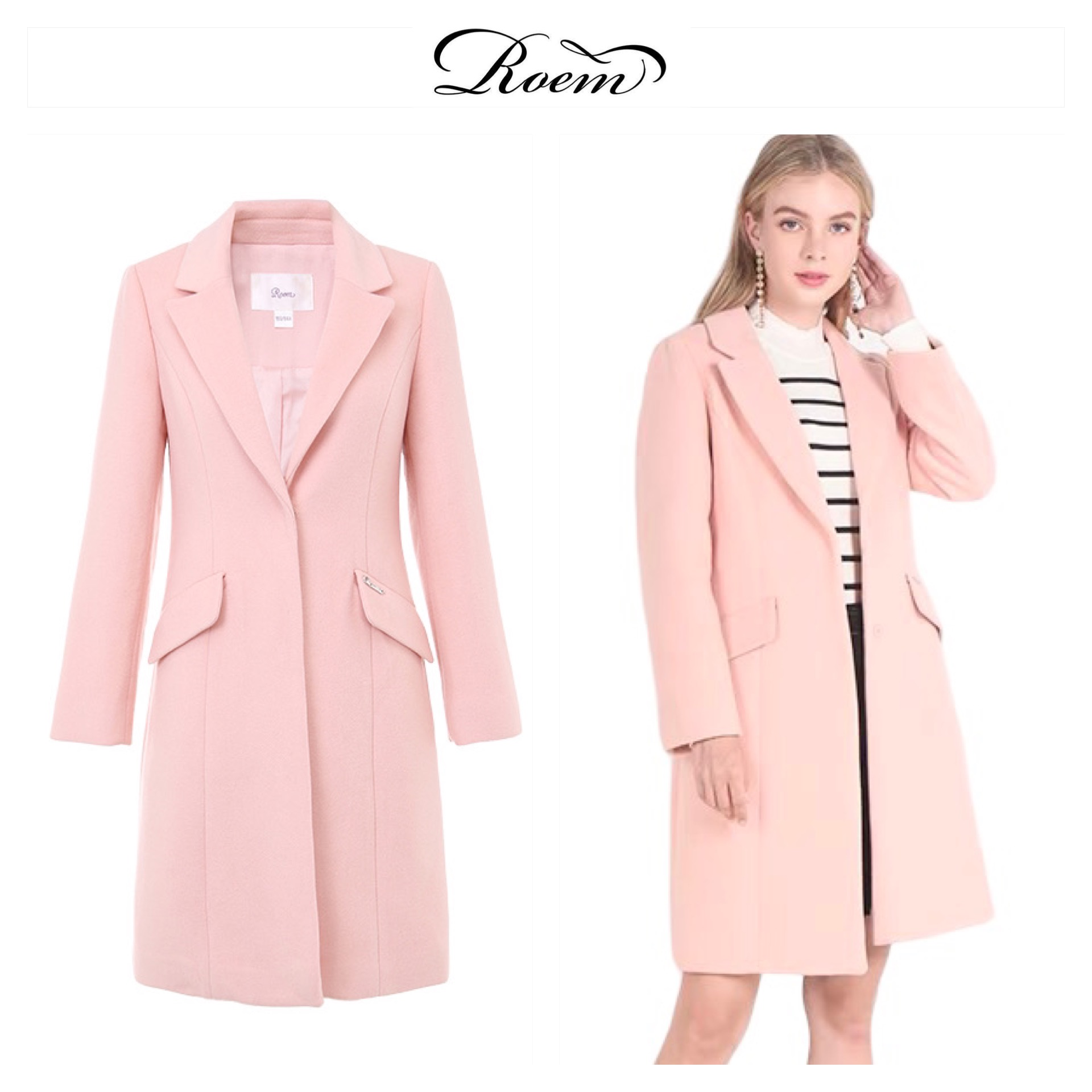 เสื้อโค้ทวูล Trench coat เสื้อโค้ทเฟอร์ โค้ทสักหลาดสีชมพูอ่อน แบรนด์ Roem