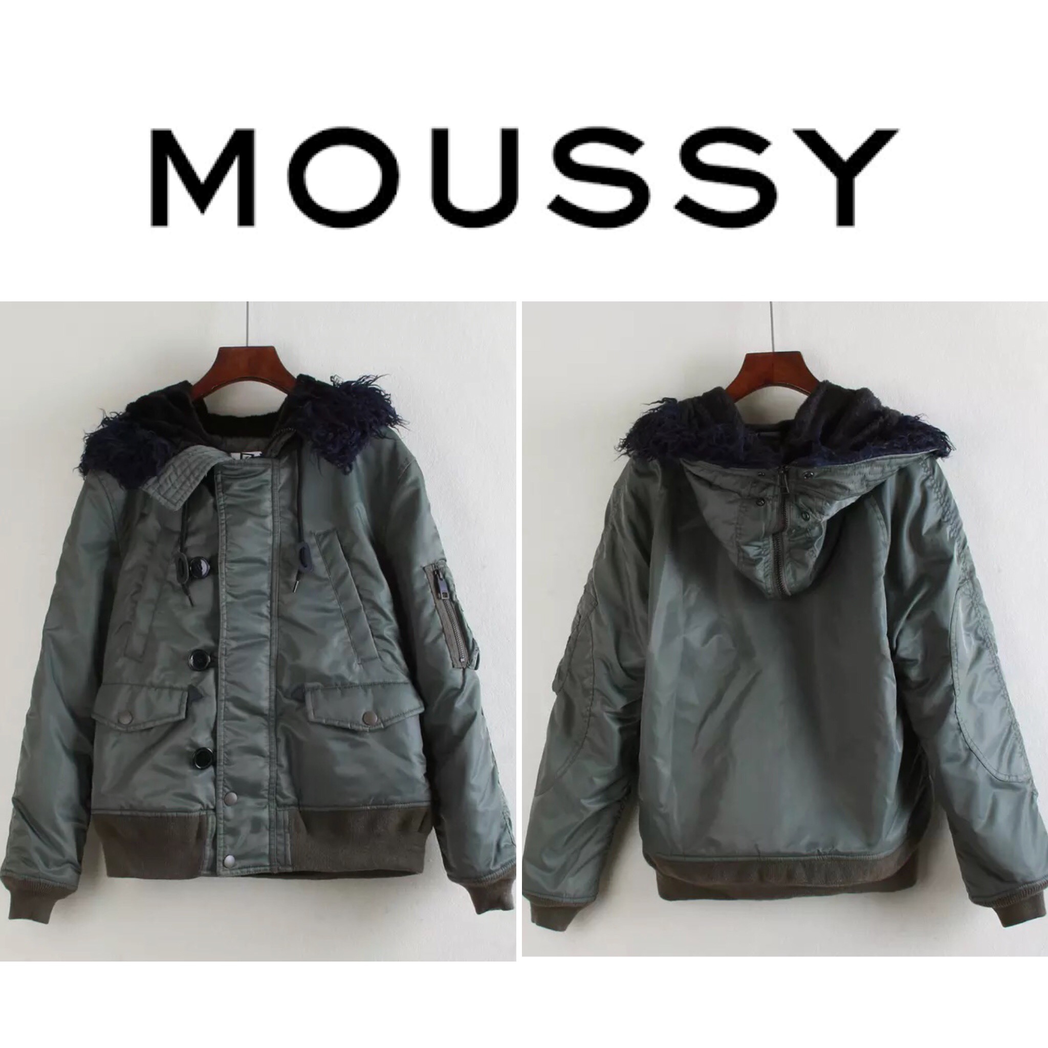 Moussy เสื้อกันหนาว แต่งฮูท สีน้ำเงินกรมท่า เสื้อกันหนาวแบรนด์เนม Moussy สุดหรู ของแท้100% บุนวมอุ่น เนื้อผ้ากันน้ำ กันหิมะ แบบสวย แนวๆ น่ารักมากคะ งานญี่ปุ่น สวย เนี๊ยบมากๆเลยค่า Size M/L น้ำเงินกรม