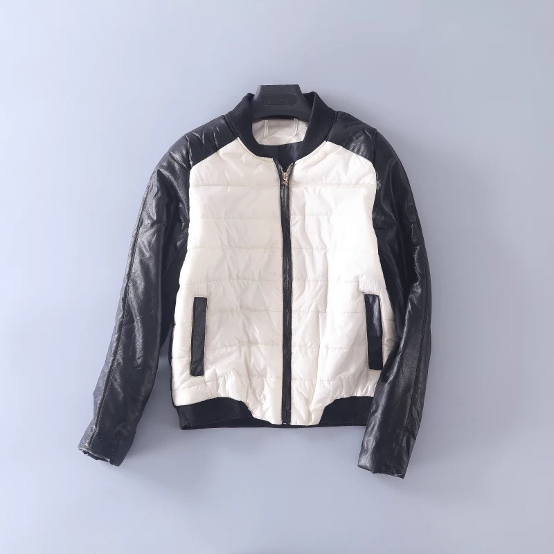 เสื้อกันหนาว แจ็คเก็ตกันหนาว สีทูโทนขาว-ดำ สไตล์ Bomber jacket แต่งแขนหนัง งานสวย แนวๆเท่ห์ๆคะ size L