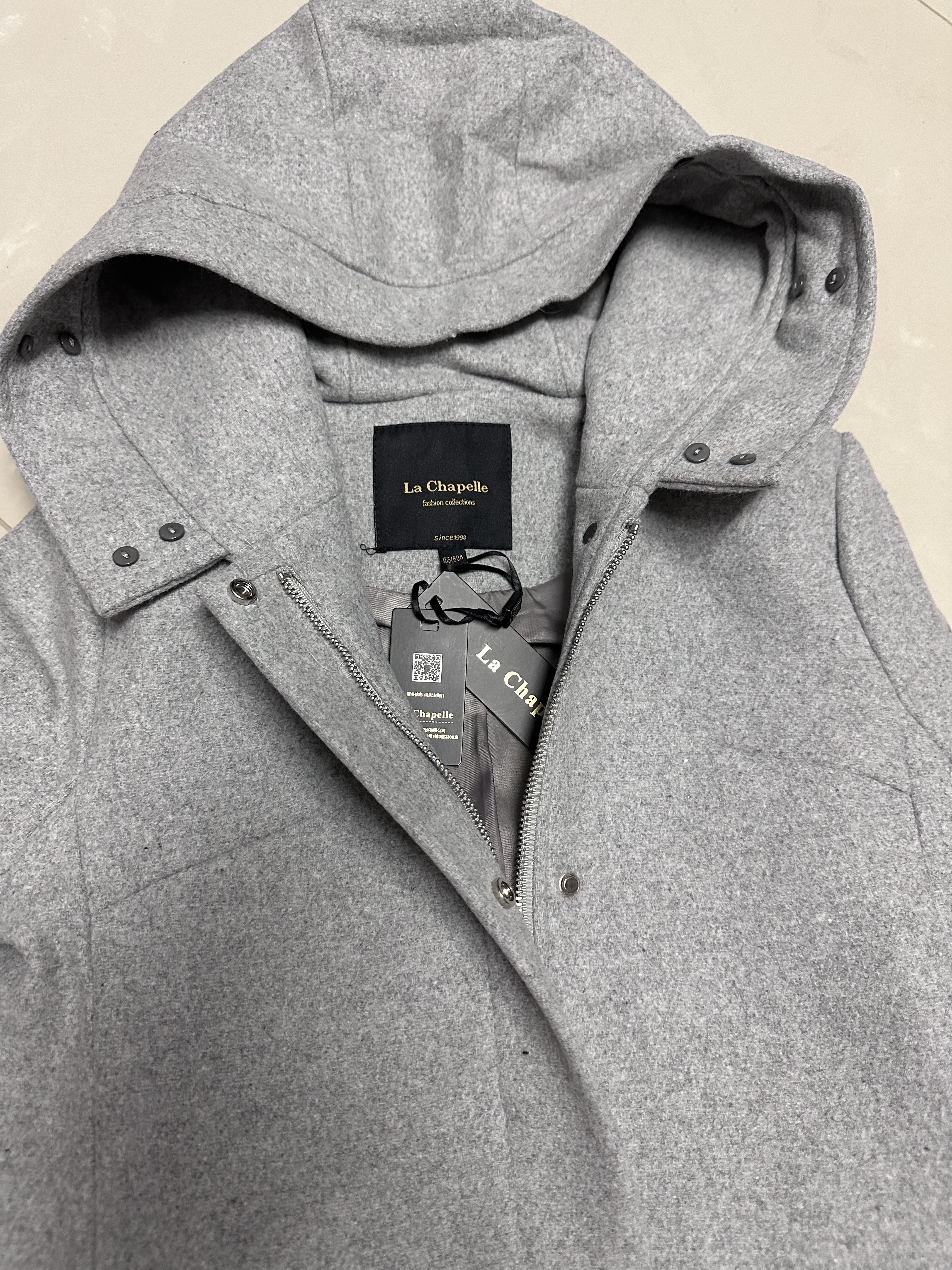 เสื้อโค้ท peacoat เสื้อโค้ทเฟอร์ โค้ทสักหลาดสีเทาอ่อน แบรนด์ La chapelle