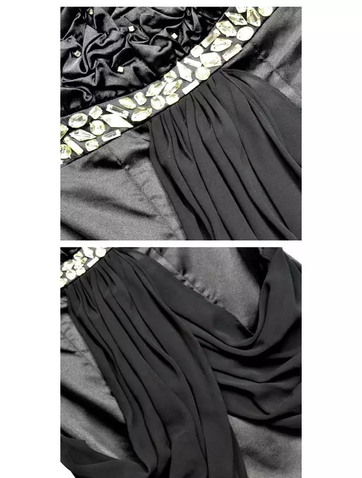 เดรสเกาะอกแต่งผ้าชีฟอง ติดเพชร เนื้อผ้าลื่นมัน เกรดไฮโซ สวยเปรี้ยว 2 สี:แดง /ดำ