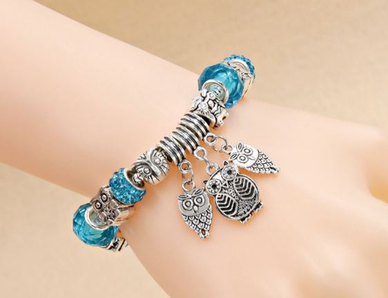 สร้อยข้อมือ Diy สร้อยข้อมือ สไตล์ pandora ห้อย จี้ นกฮูก สัญลักษณ์ ของโชคดี คริสตรัล ชมพู ฟ้า ม่วง 920241