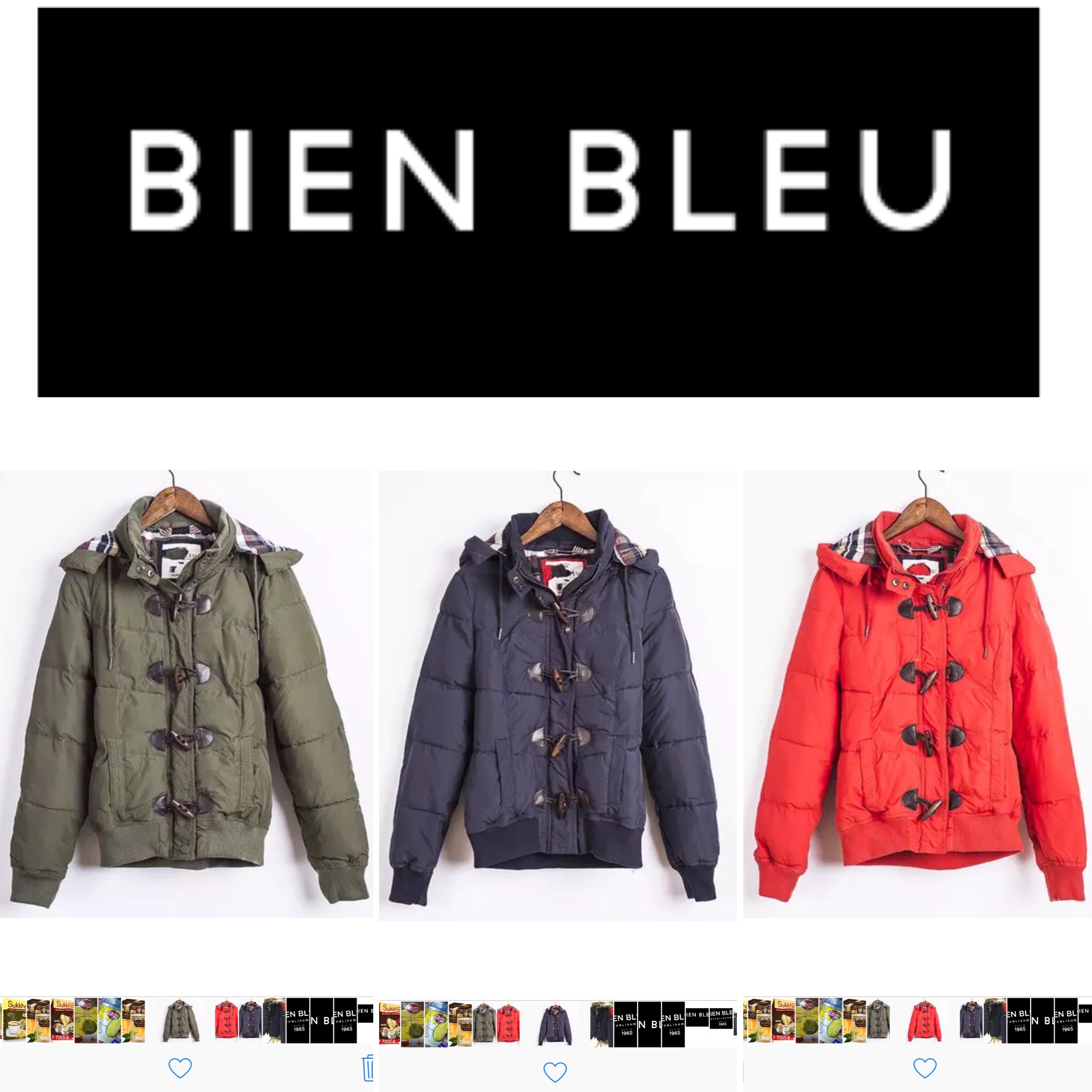 เสื้อกันหนาว เสื้อหนาวบุนวม สีเขียวทหาร แบรนด์เนม BIEN BLEU ติดหมวกฮูท แต่งกระดุมไม้ Size S/L