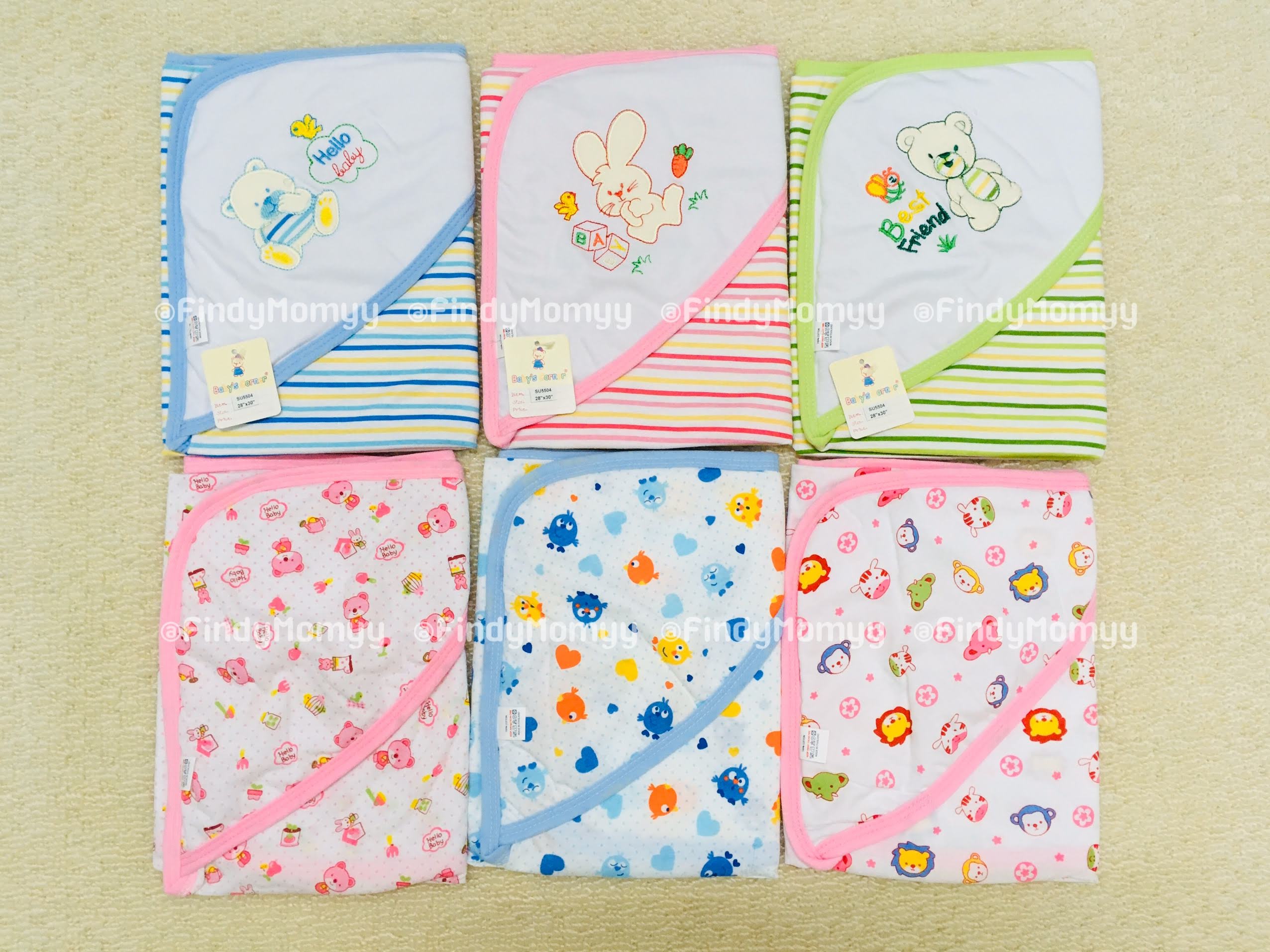 ผ้าห่อตัวเด็กแรกเกิด 28x30นิ้ว แบบมีฮู้ด ผ้ายืดนิ่ม มีหลายสีลาย