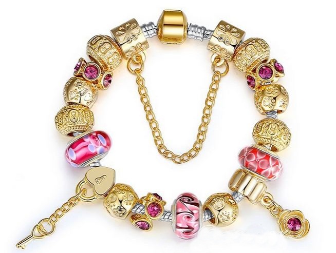 สร้อยข้อมือ Diy สไตล์ Pandora สร้อยข้อมือ แต่ง ชาร์ม ลายทองโบราณ สลับ กุญแจ หัวใจ สวยหรู มีระดับ ติดพลอย สีม่วง คริสตัลแท้ ออสเตเรีย ของขวัญแบบหรู 67203