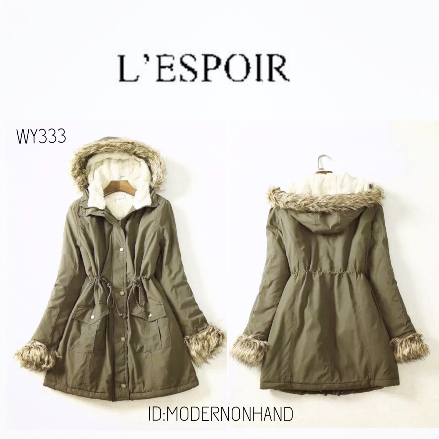 เสื้อกันหนาว โค้ทกันหนาว สีเขียวทหาร แบรนด์เนม ดัง ญี่ปุ่น L'espoir แท้100% แต่งขนเฟอร์ ปลายหมวก/แขน (เฟอร์ถอดได้ทุกจุด) บุนวมอุ่นด้านใน สวย เท่ห์ แนว ๆคะ SIze XL เขียว