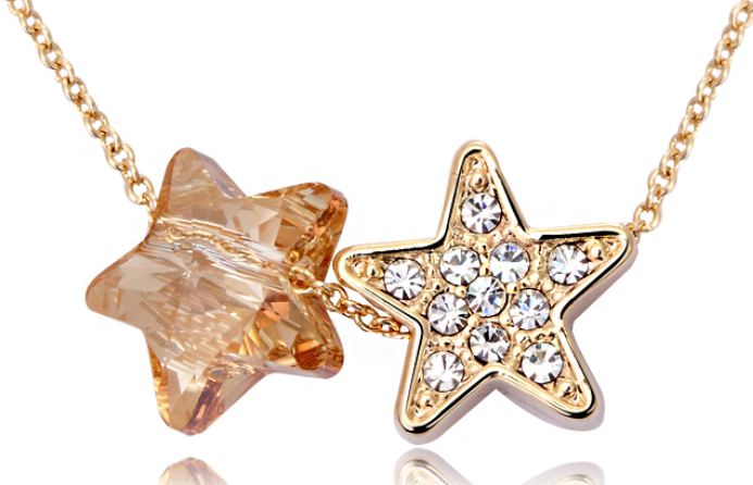 สร้อยคอ ผู้หญิง สร้อยคอ คริสตัลแท้ Swarovski จี้รูปดาวคู่ ติดเพชร CZ AAA คริสตัล สีส้ม อัญมณี บุษราคัม ของขวัญให้แฟน สุดหรู 896585