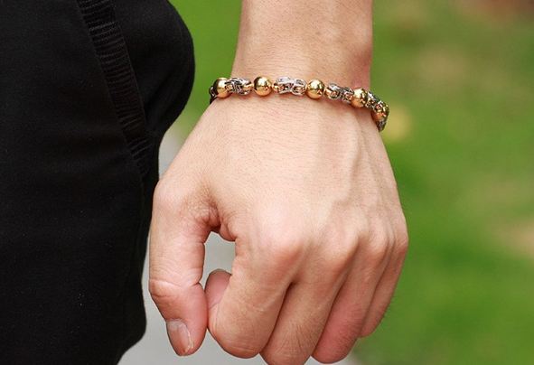สร้อยข้อมือผู้ชายเงิน ผสม ตุ้มทอง สร้อยข้อมือ 316L Stainless steel ลายโซ่ สลับ ลูกปัด สีทอง สุดหรู ใส่ออกงาน เสริมบารมี สร้อยข้อมือให้แฟน 616014